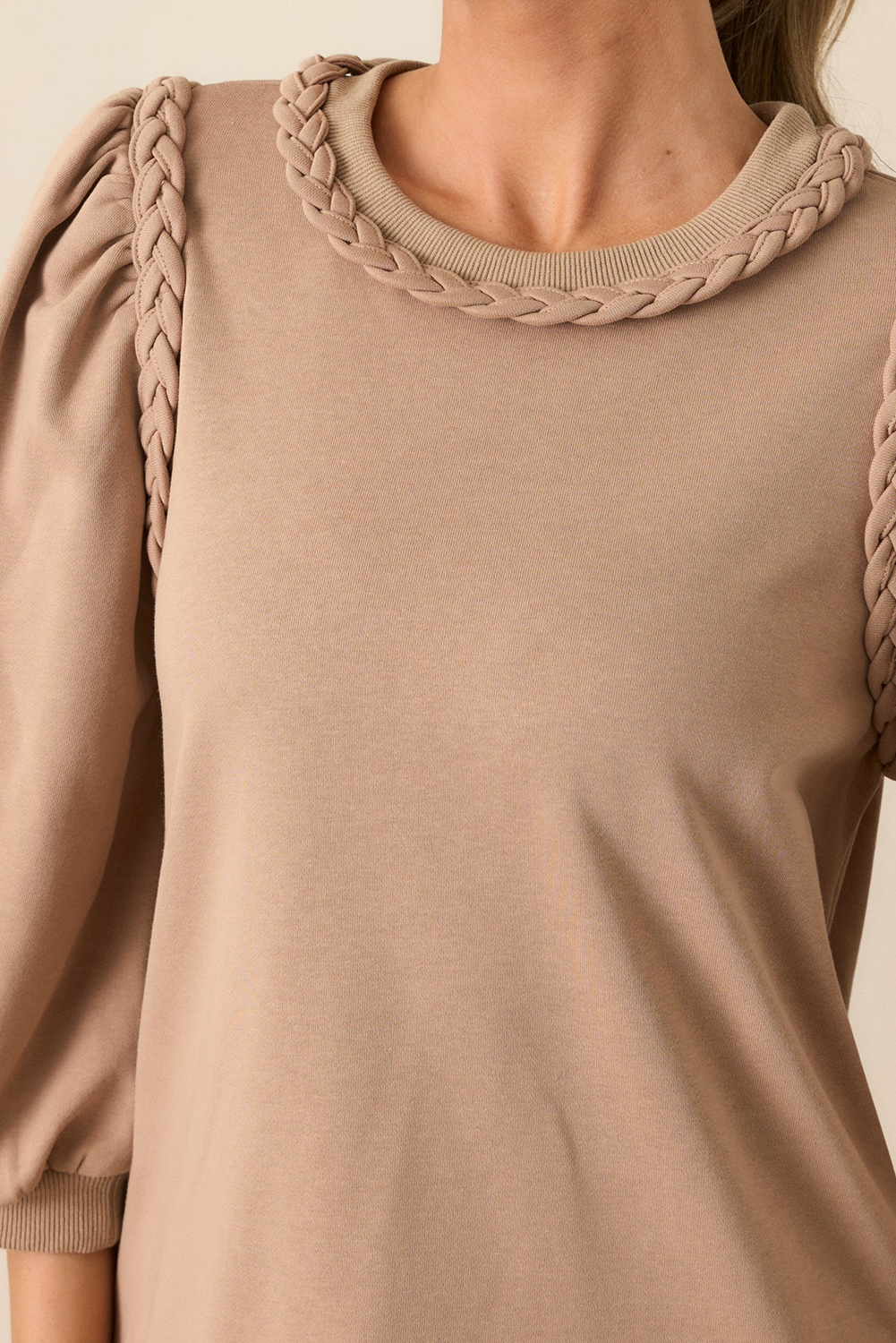 Light French Beige Braided Trim Puff Sleeve Dress - loveforevers