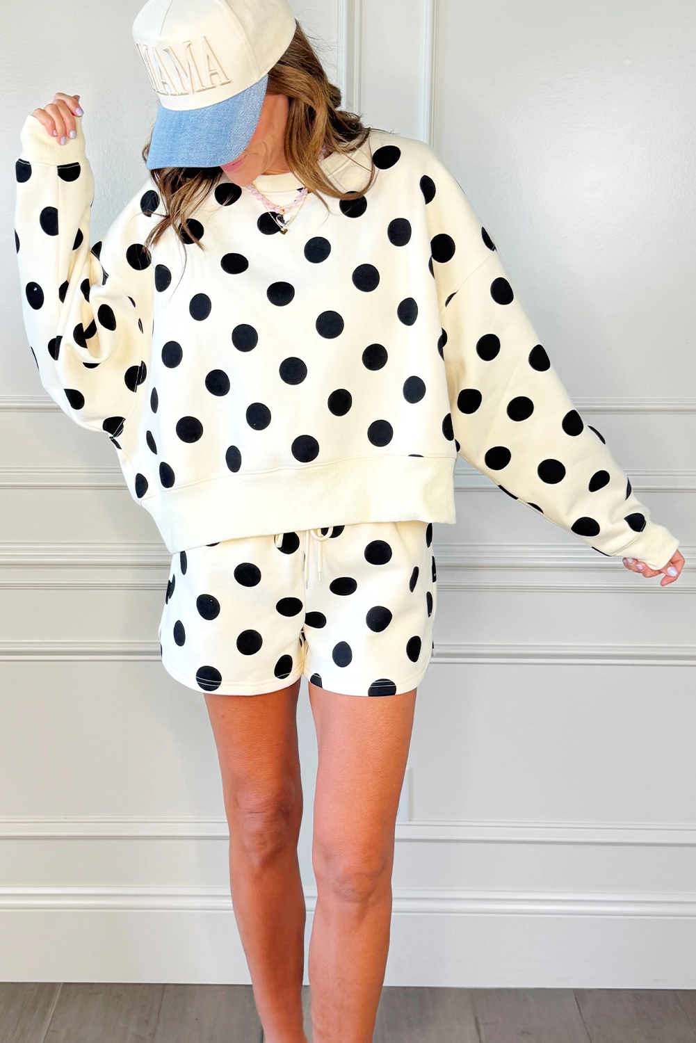 Beige Polka Dot Print Drop Shoulder Pullover Drawstring Jogger Pant Set - loveforevers
