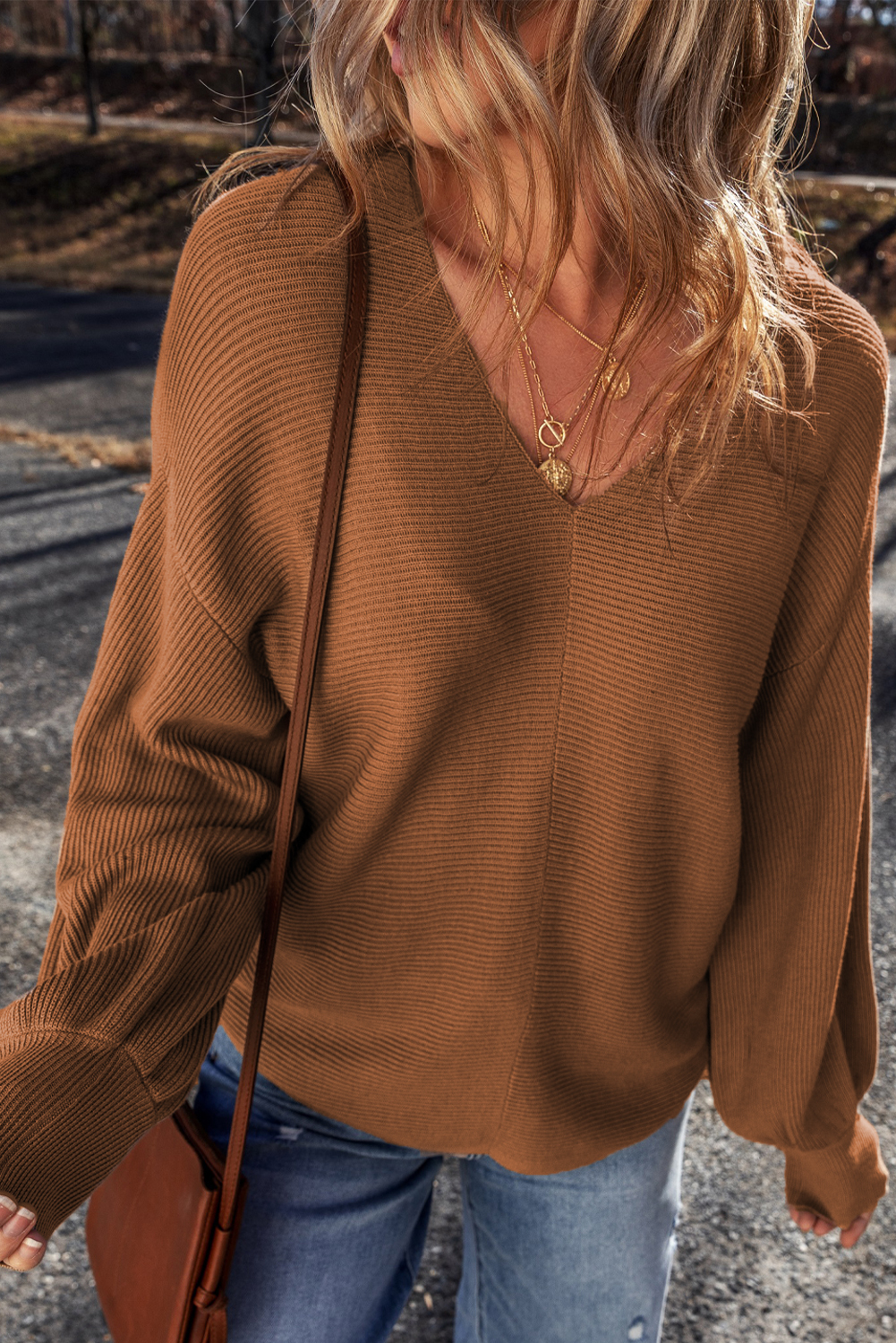 Camel Ribbed Knit Drop Sleeve V Neck Loose Fit Sweater - loveforevers