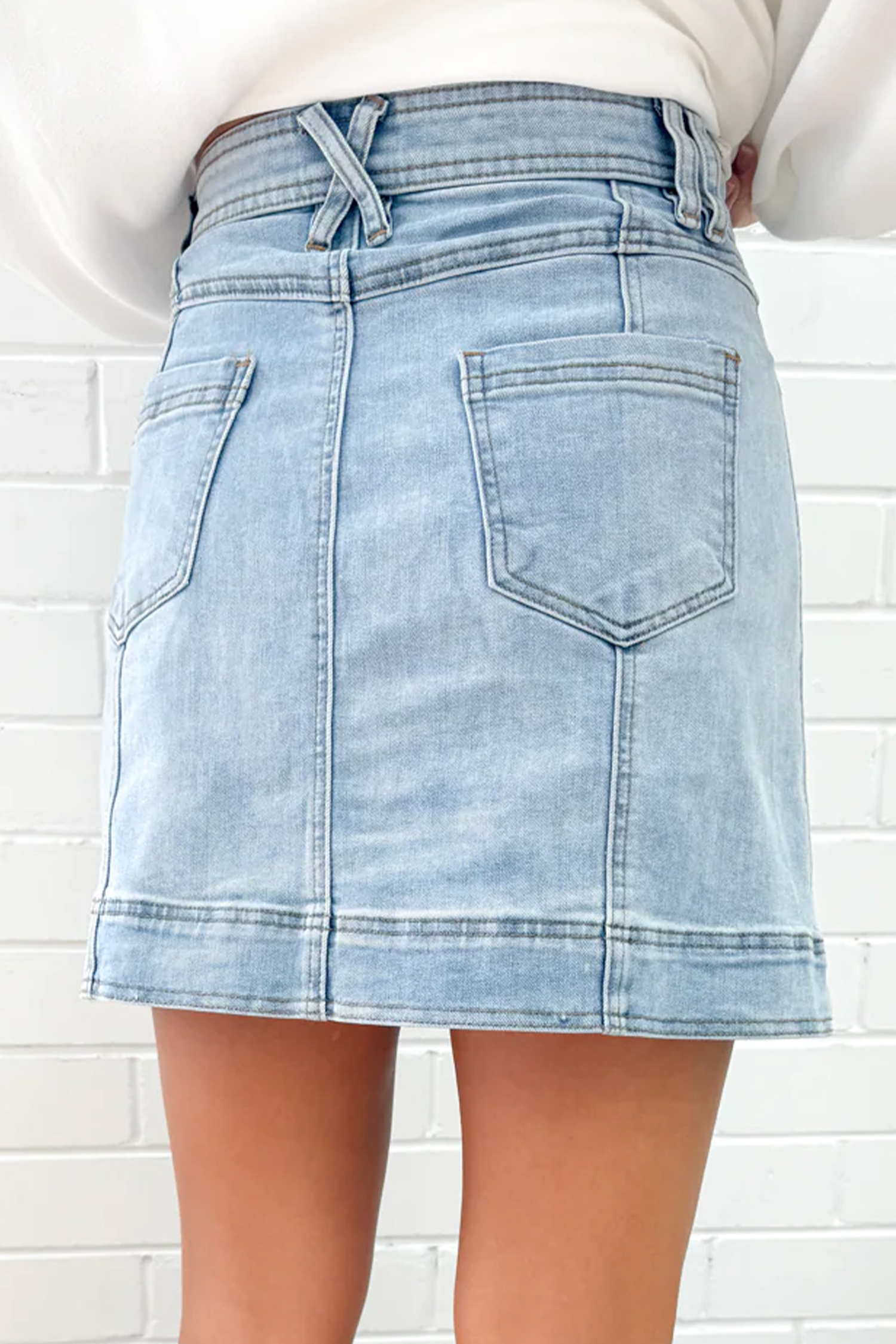 Beau Blue Exposed Seam Detail A-line Denim Mini Skirt with Pockets - loveforevers