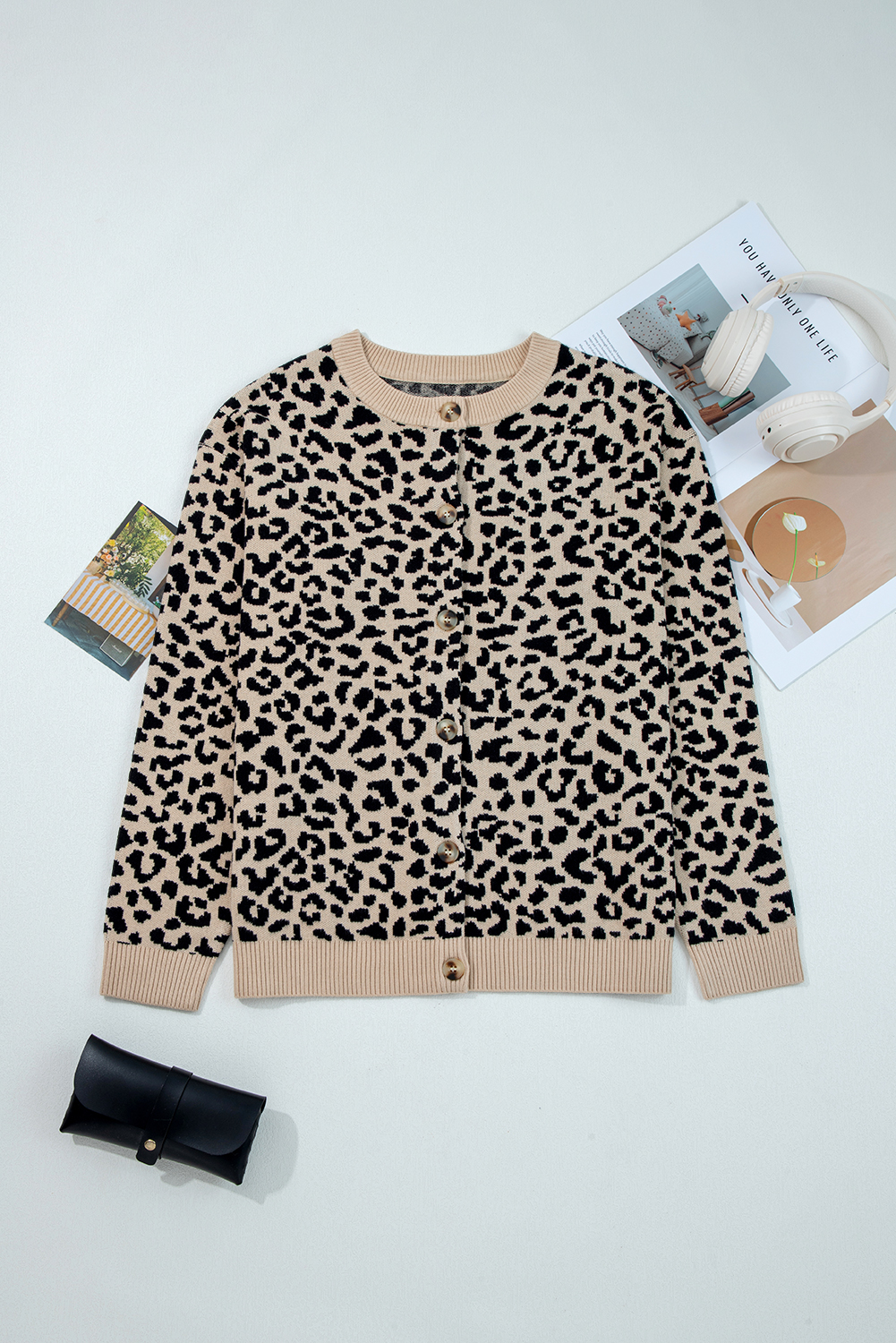 Black Leopard Drop Shoulder Chunky Knitted Cardigan Sweater - loveforevers