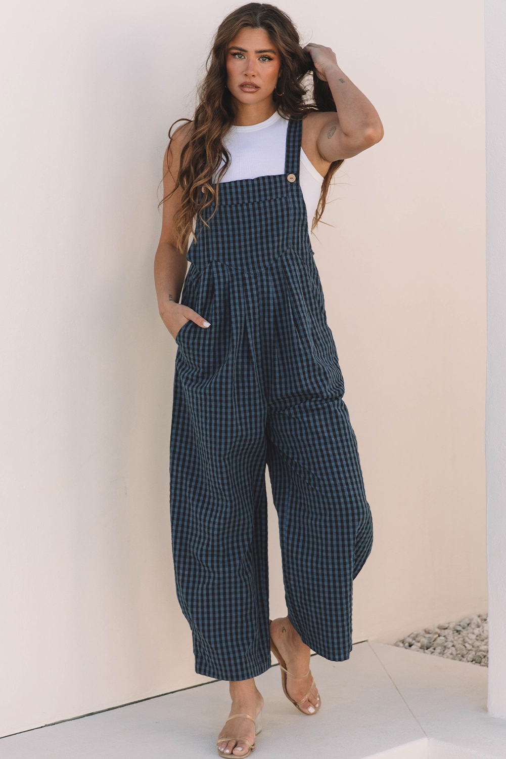 Sail Blue Plaid Print Buttoned Pocketed High Waist Overall - loveforevers