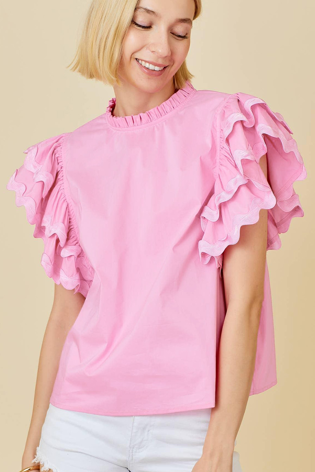 Bonbon Ricrac Ruffled Sleeve Frilled Collar Blouse - loveforevers