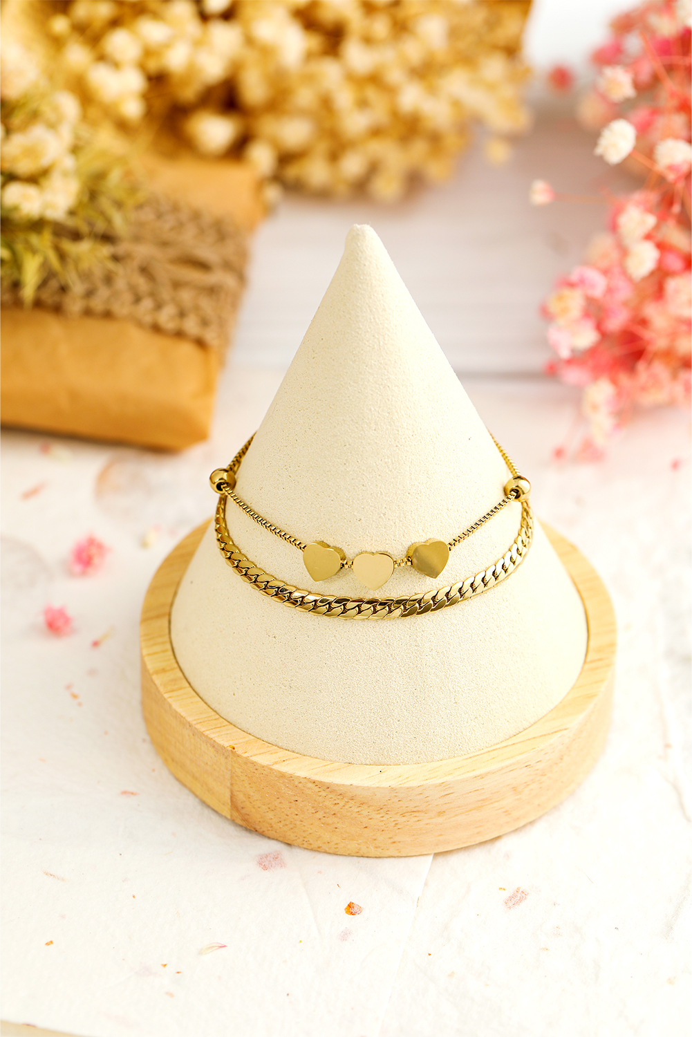 Gold Triple Heart Double Layer Adjustable Chain Bracelet - loveforevers