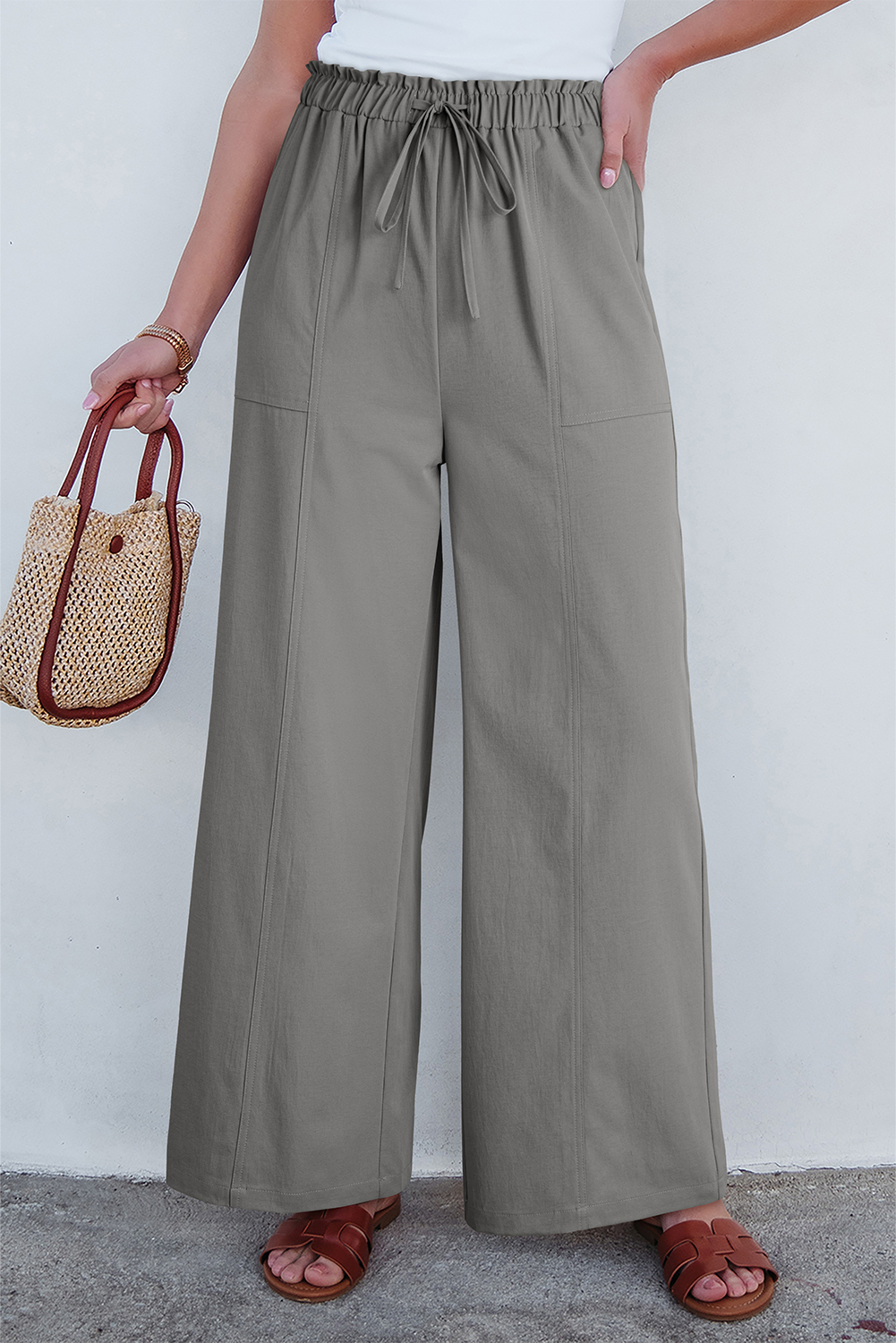 Gray Solid Color Drawstring Elastic Waist Casual Loose Pants - loveforevers