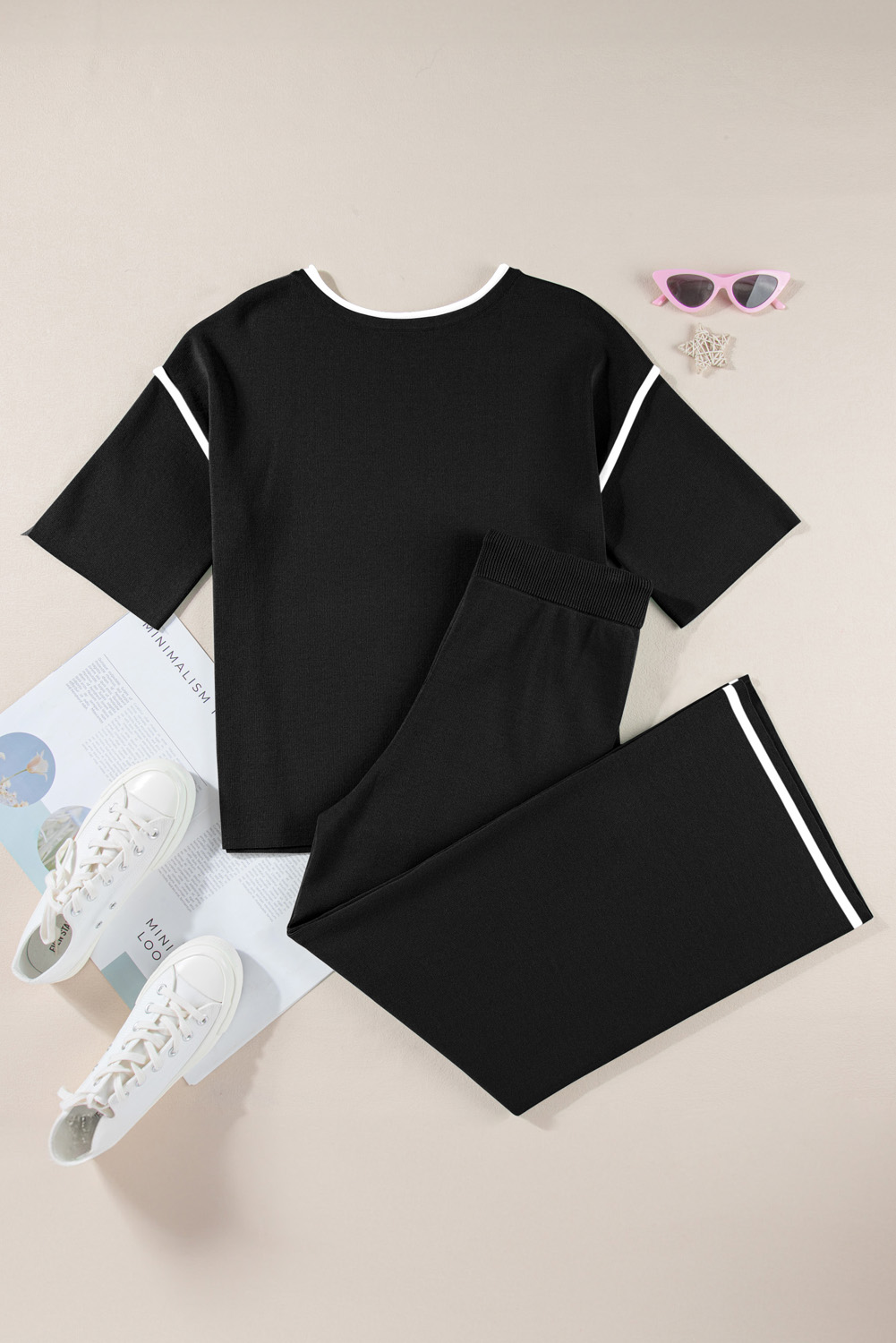 Blackish Green Contrast Trim Half Sleeve Top Drawstring Pants Loose 2pcs Sweater Suit - loveforevers