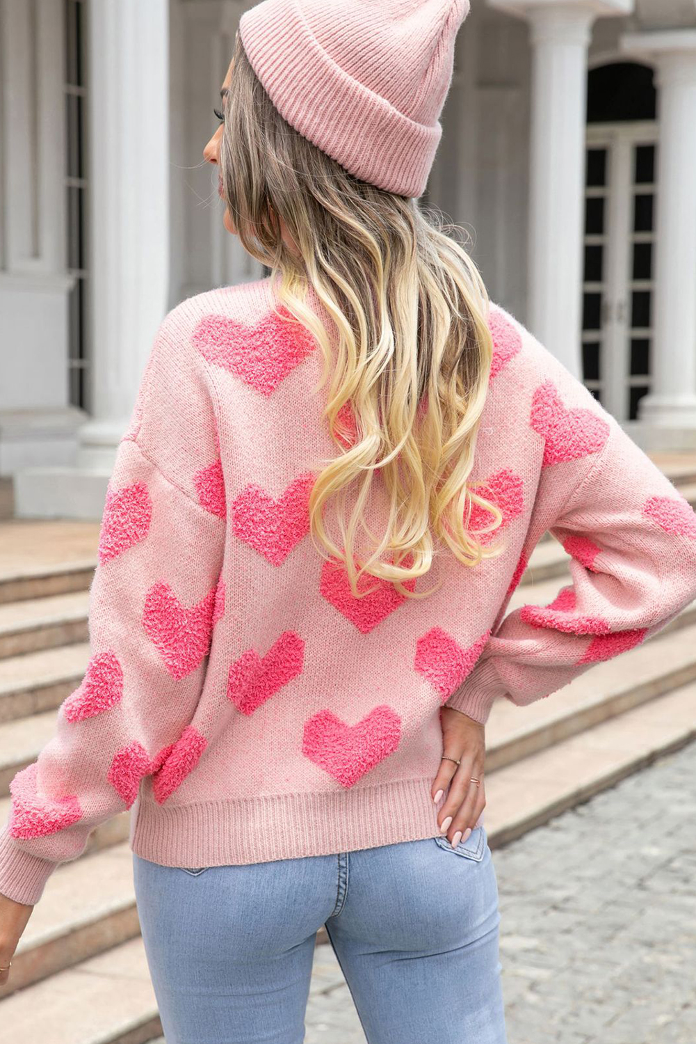 Light Pink Valentine's Day Heart Jacquard Knit Sweater - loveforevers