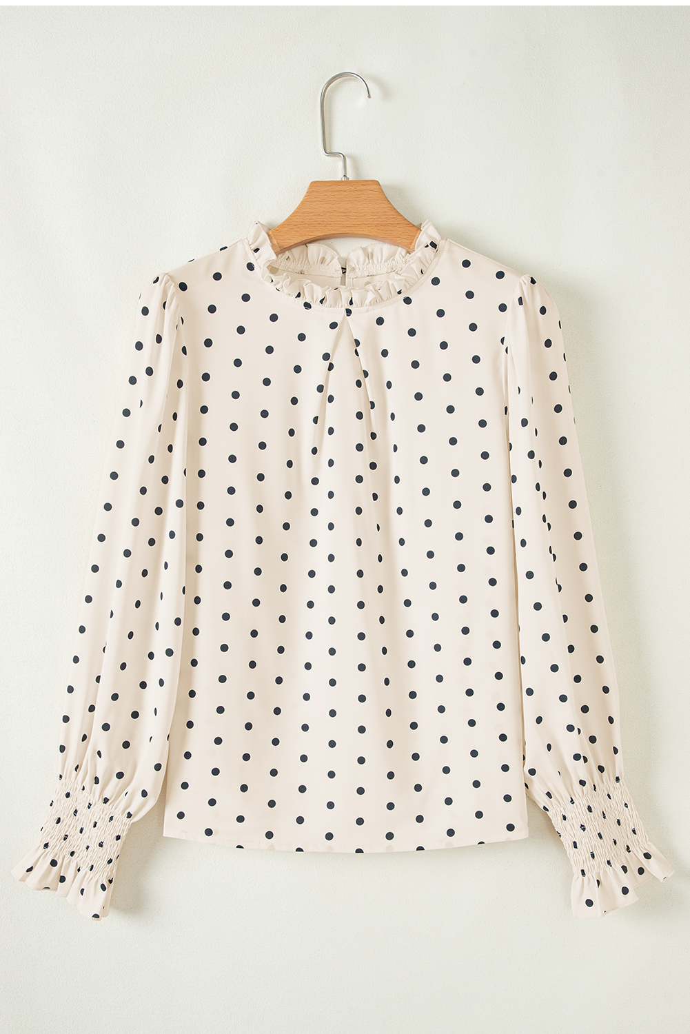Apricot Polka Dot Print Frilled Collar Lantern Sleeve Blouse - loveforevers