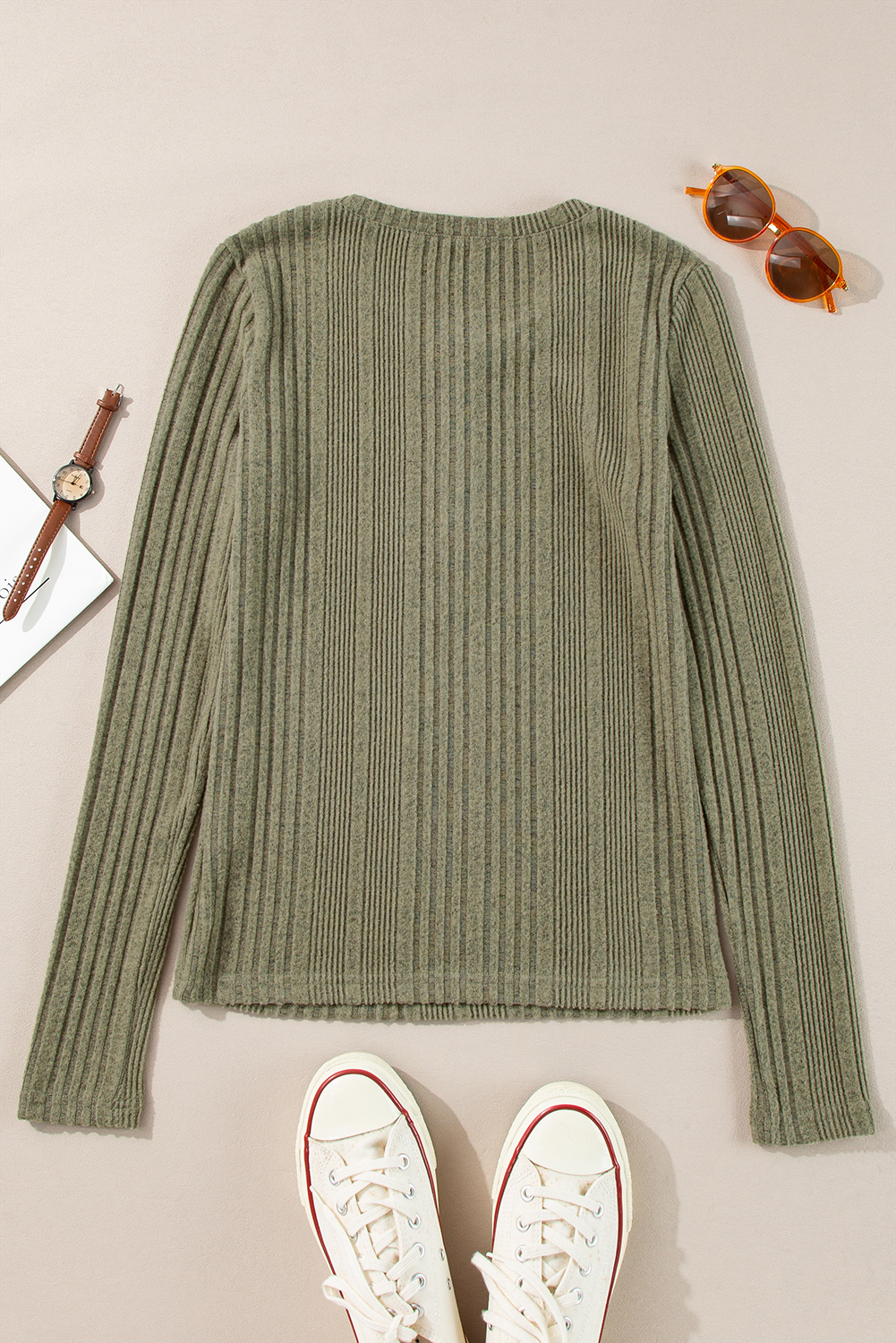 Jungle Green Ribbed Knit Half Button Slim Fit Blouse - loveforevers