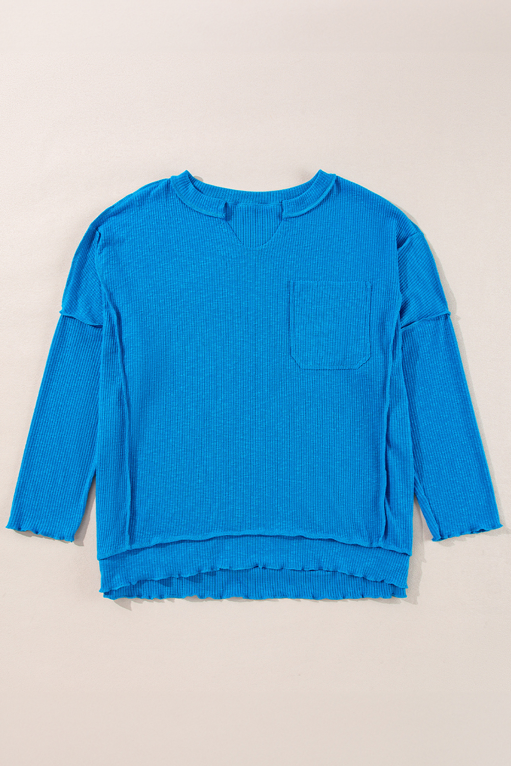 Blue Ribbed Exposed Seam Knit V Neck Long Sleeve Top - loveforevers