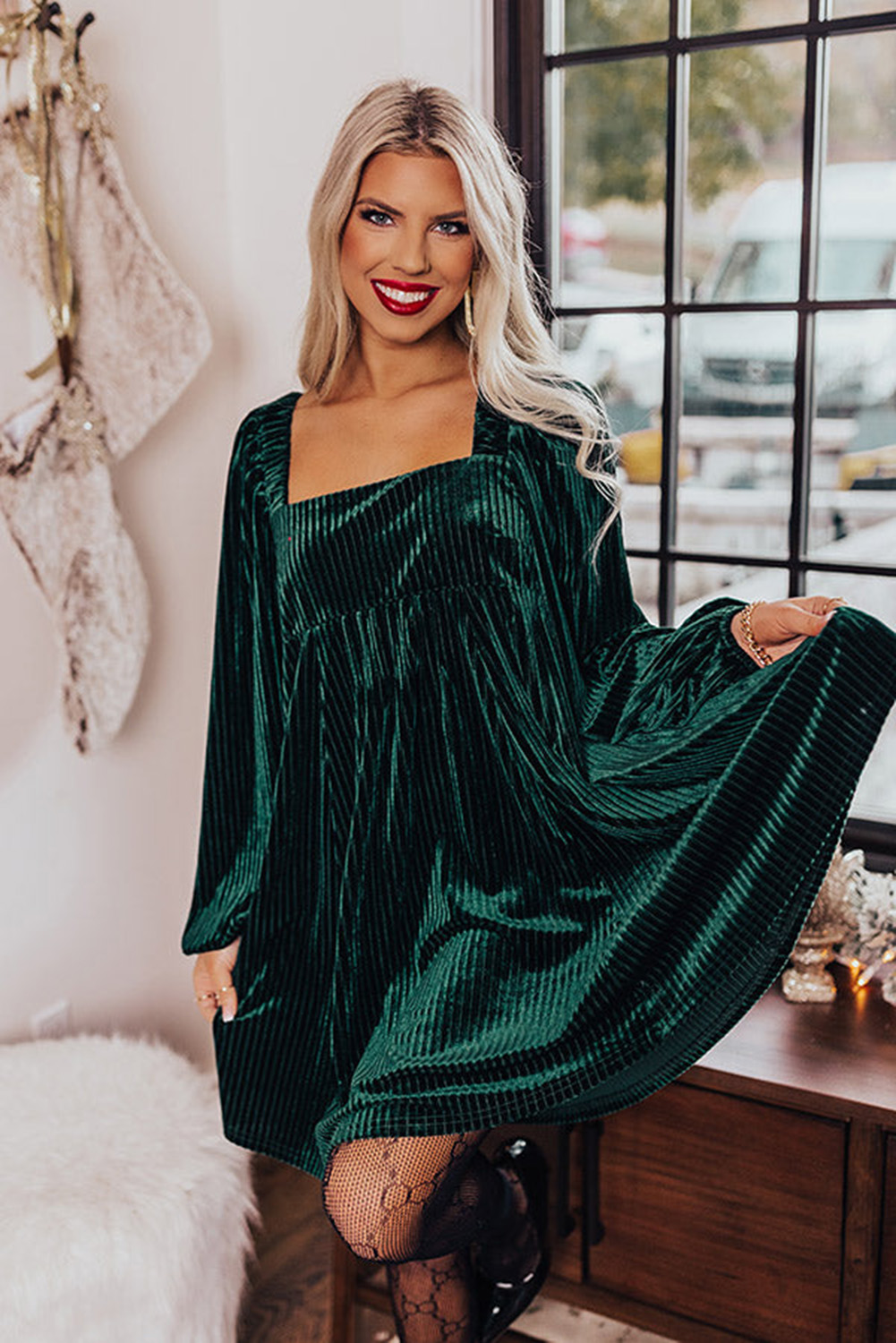 Red Tie Back Square Neck Velvet Babydoll Dress - loveforevers