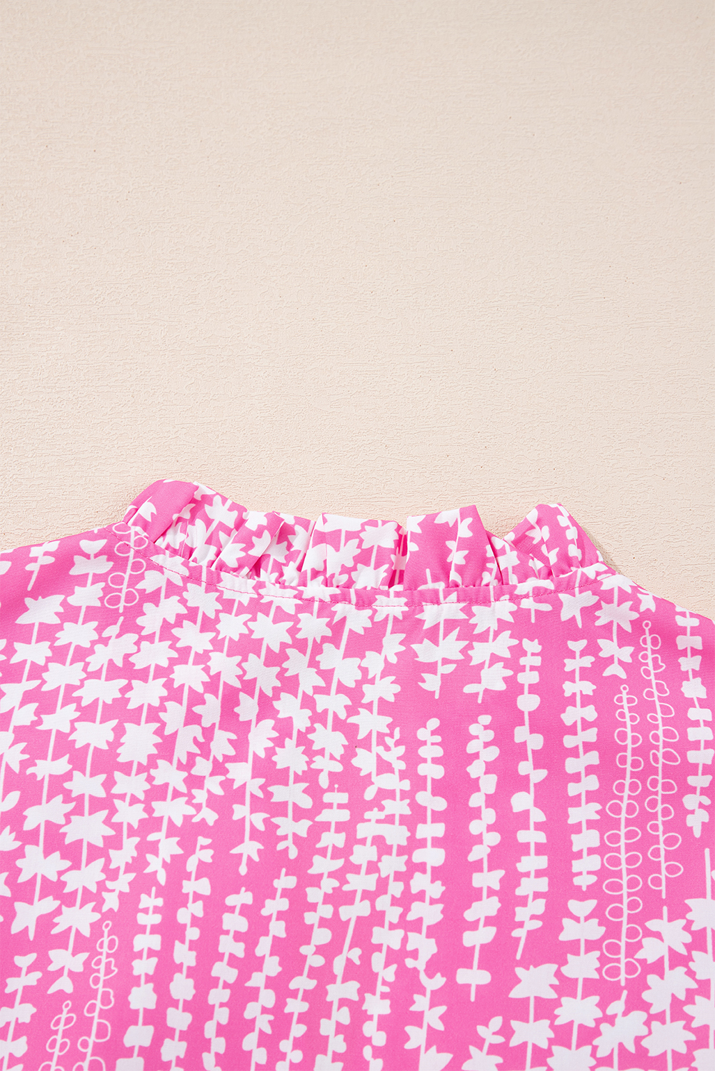 Pink Abstract Print Ric Rac Trim Flutter Sleeve Notch V Neck Blouse - loveforevers