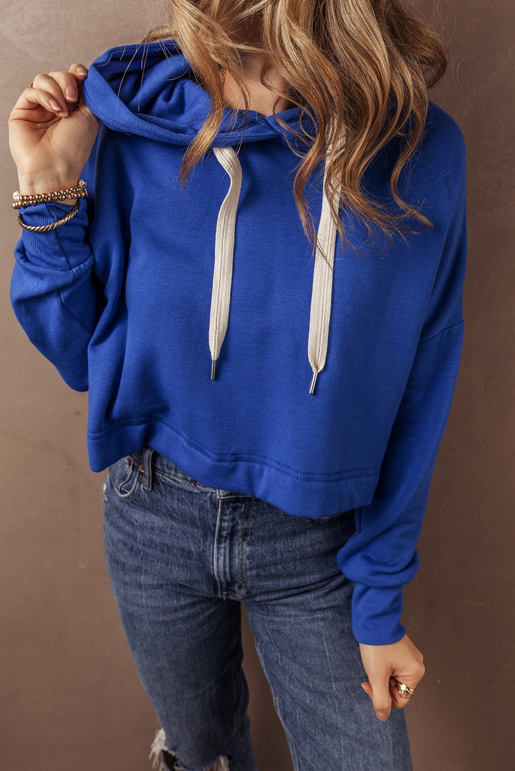 Black Solid Drop Shoulder Drawstring Cropped Hoodie - loveforevers