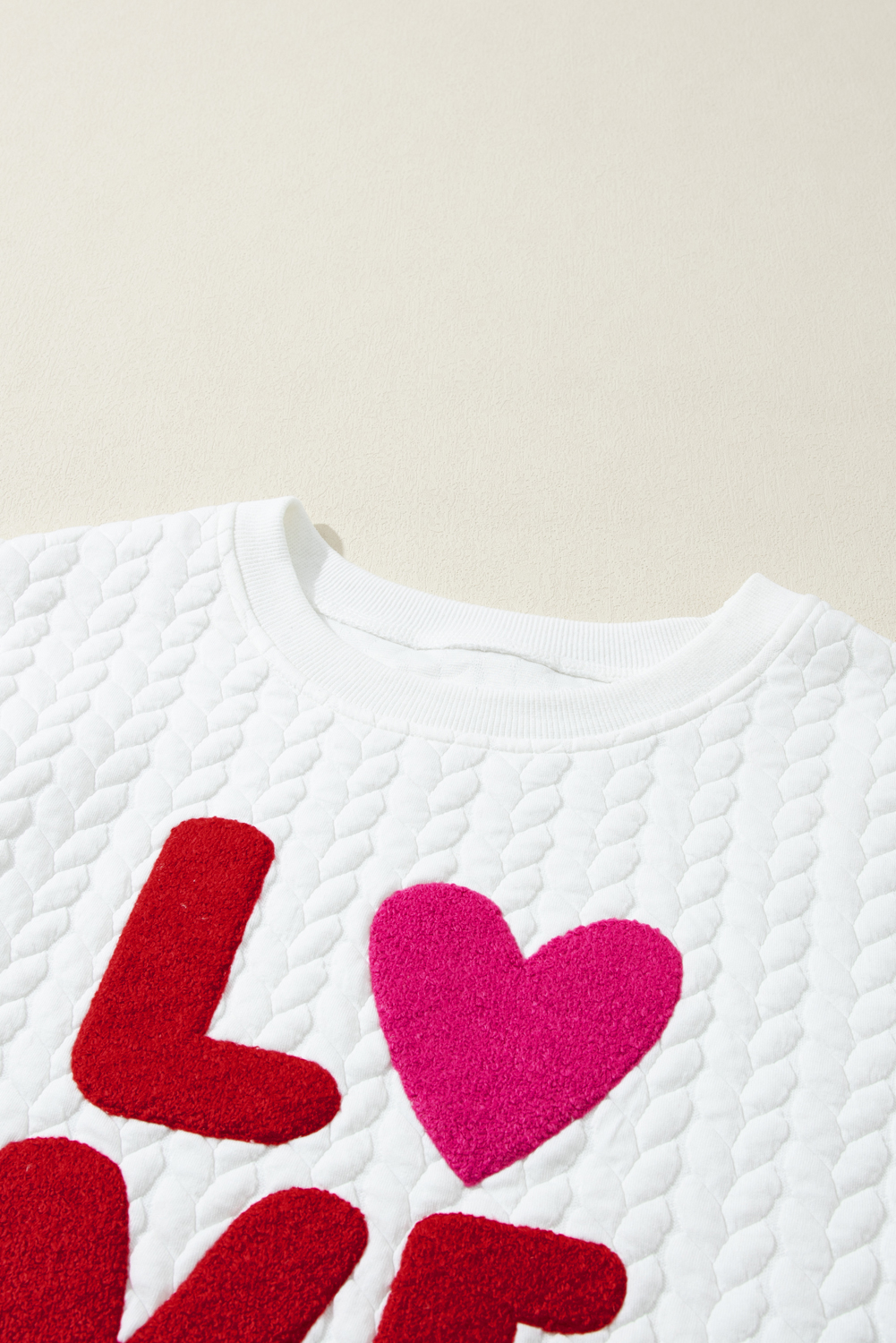 White LOVE Chenille Embroidered Cable Knit Pullover Sweatshirt - loveforevers