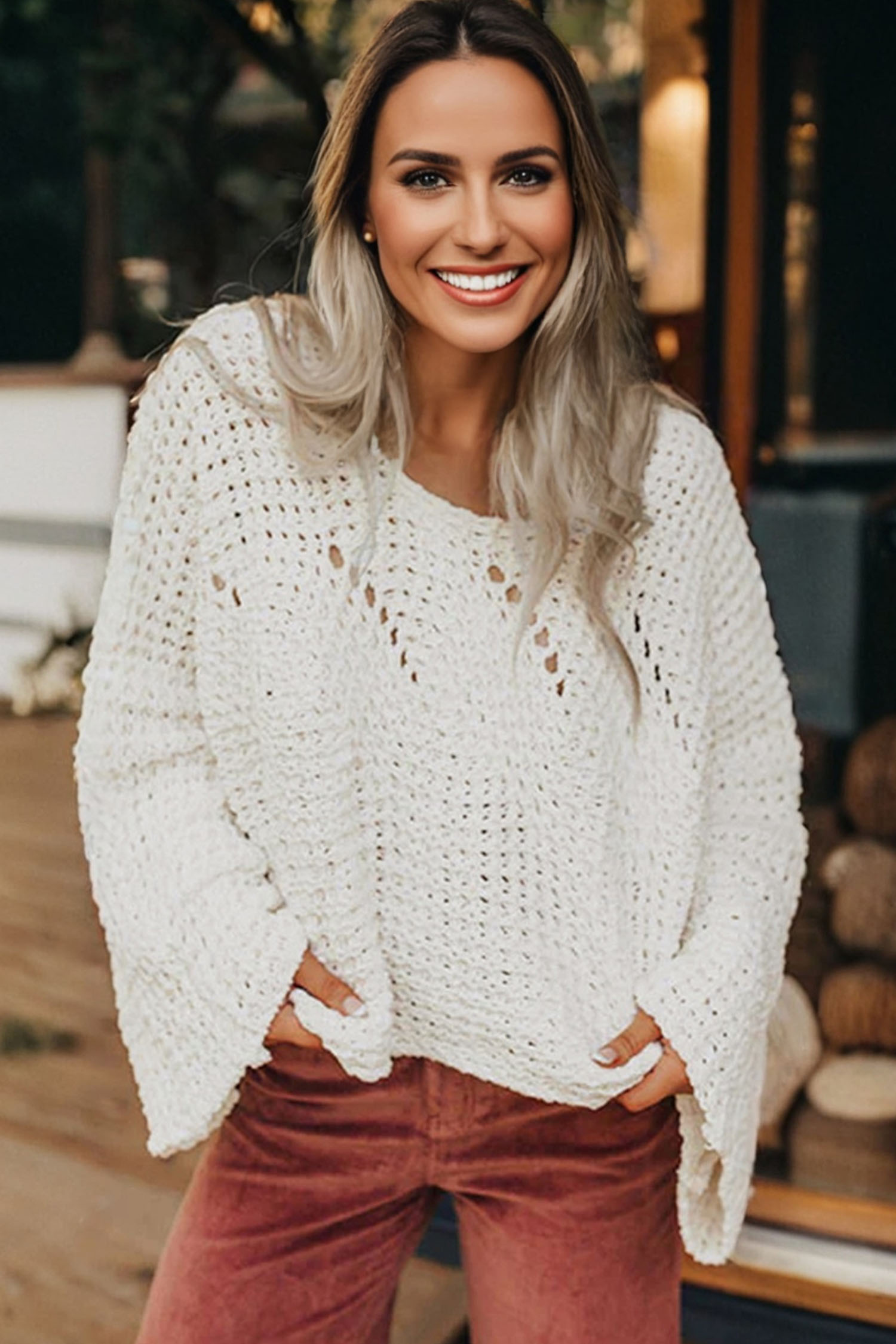 Camel Hollowed Detail Wide Sleeve Loose Pullover Sweater - loveforevers