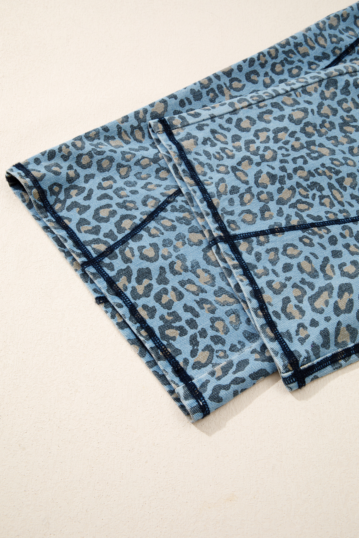 Blue Leopard Print Exposed Seam Detail Wide Leg Drawstring Jeans - loveforevers