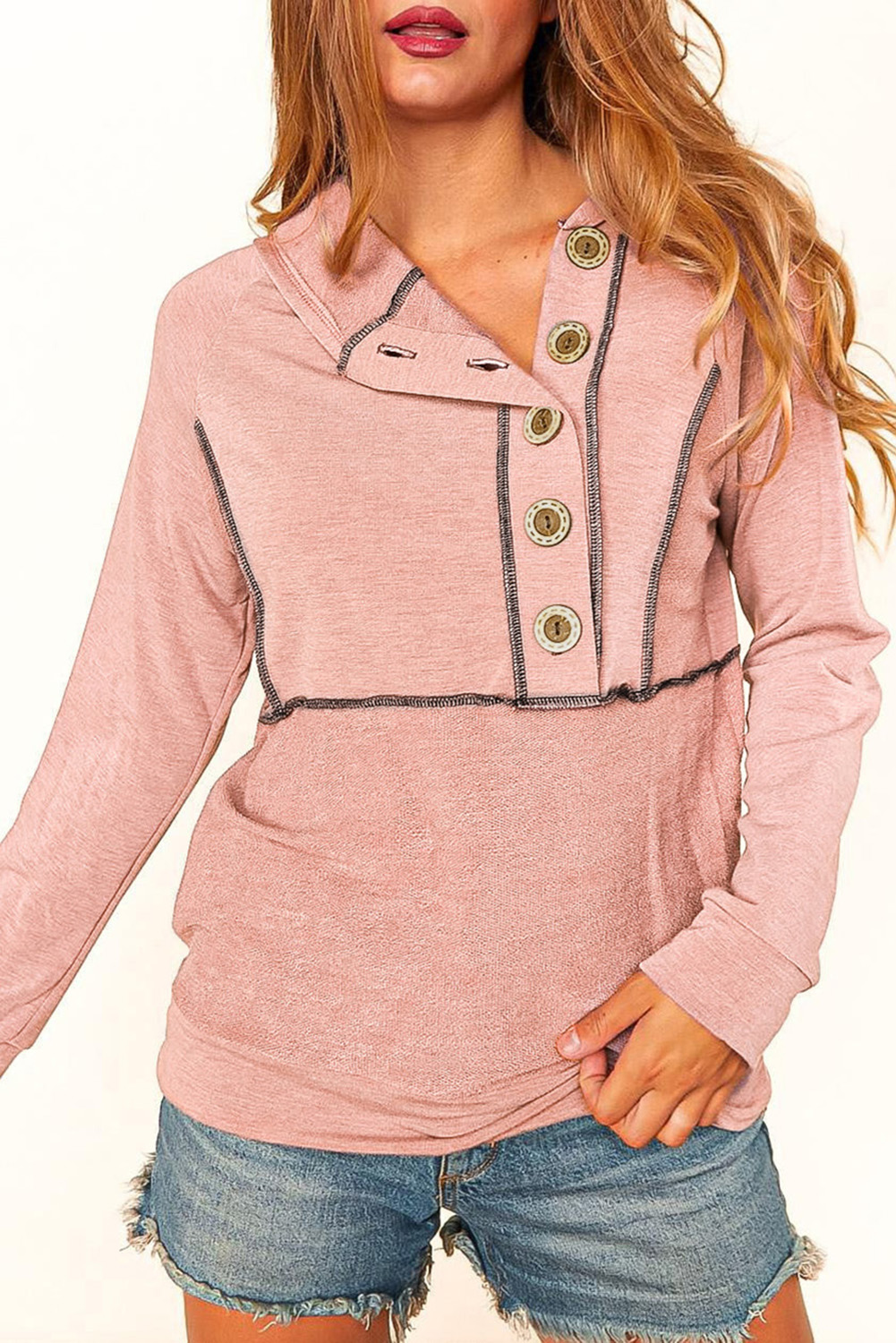 Pink Buttons Front Princess Line Out Seam Hoodie - loveforevers