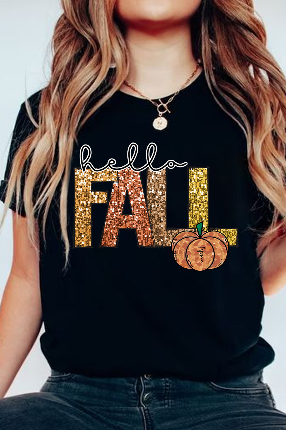 Black Hello Fall Letter Pumpkin Printed Thanksgiving T Shirt - loveforevers
