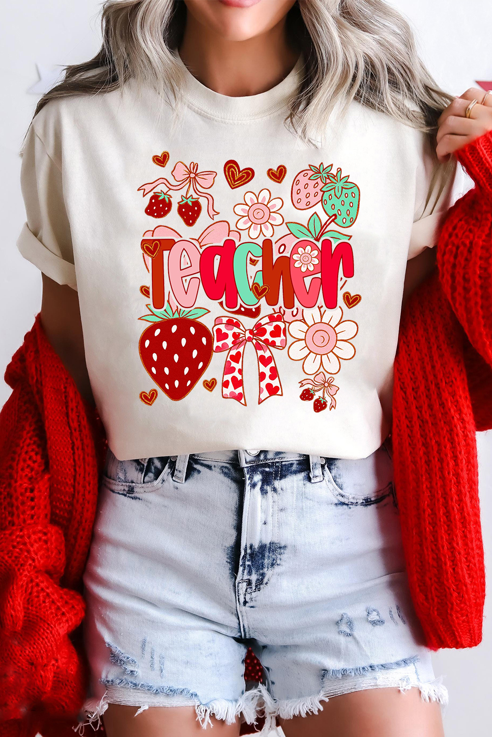 White Cute Strawberry Floral Teacher Graphic Custom Tee - loveforevers