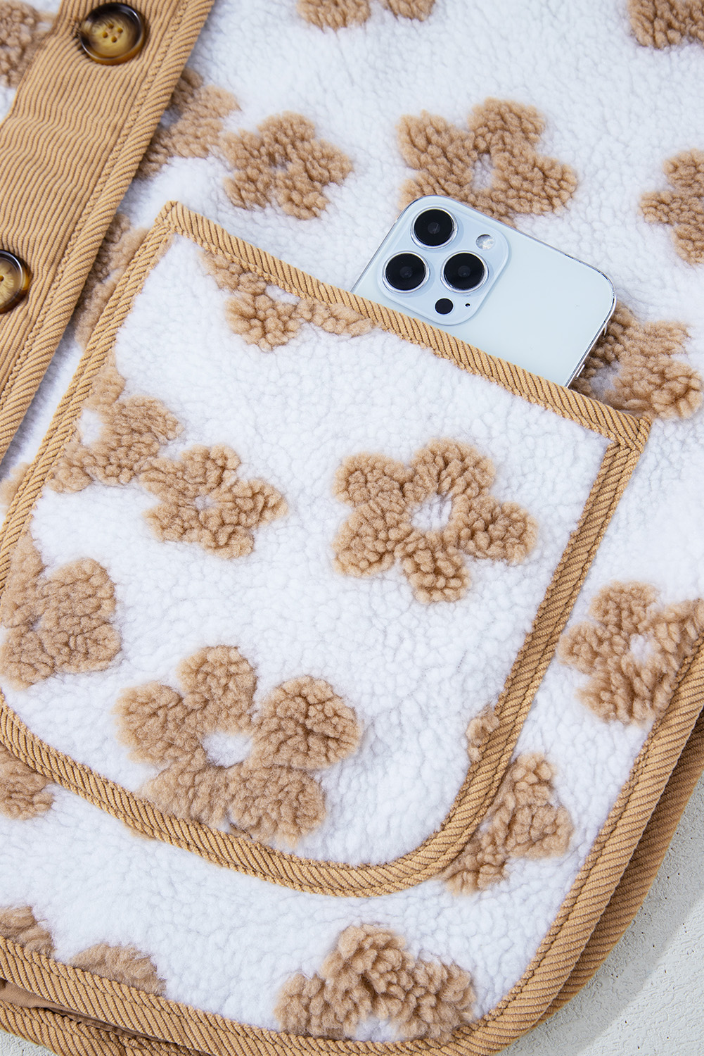 Light French Beige Cute Flower Pattern Button Up Fleece Jacket - loveforevers