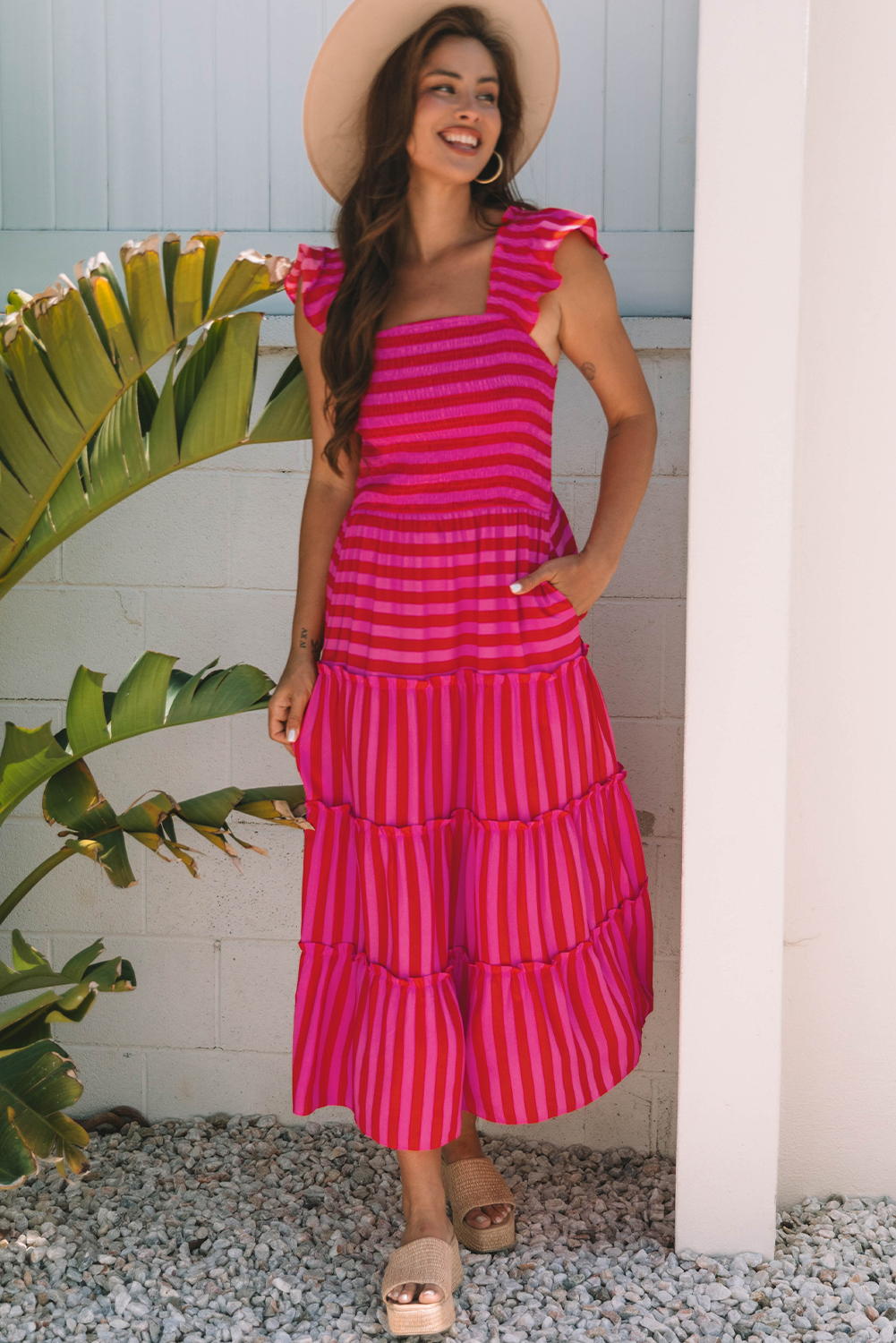 Rose Stripe Flutter Sleeve Smocked Bodice Tiered Maxi Dress - loveforevers