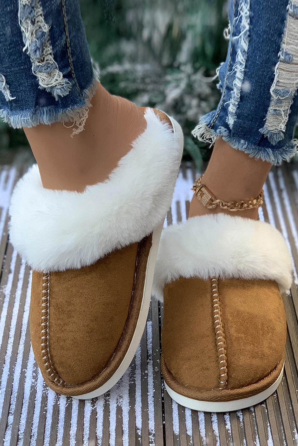 Khaki Cut and Sew Faux Suede Plush Lined Slippers - loveforevers
