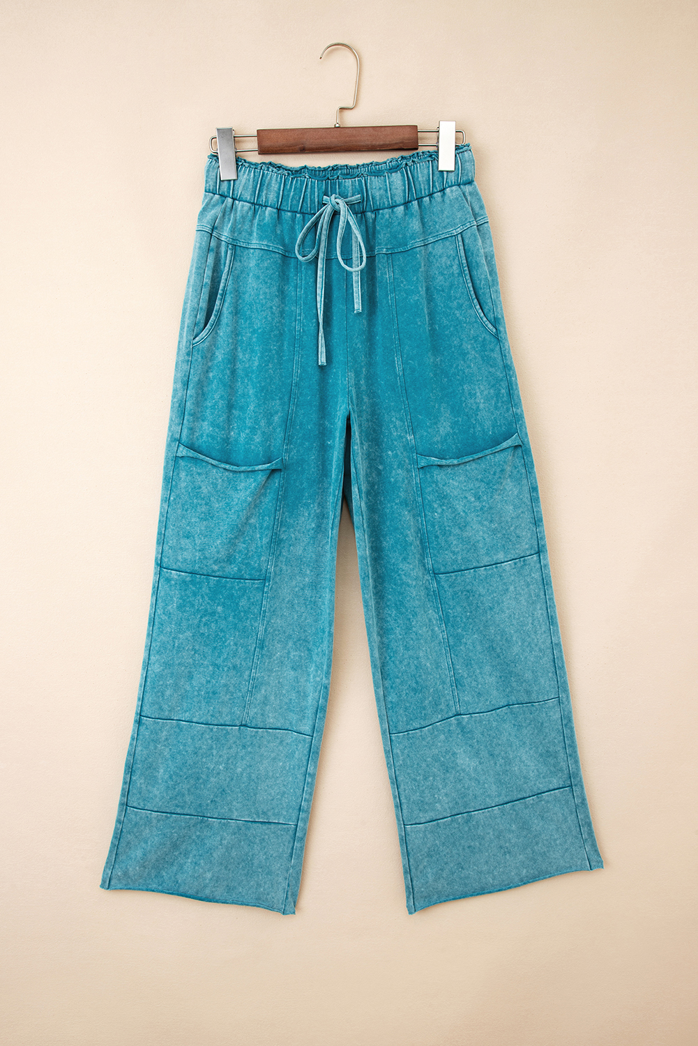 Lapis Mineral Wash Lace-up High Waist Raw Hem Patched Pocket Pants - loveforevers