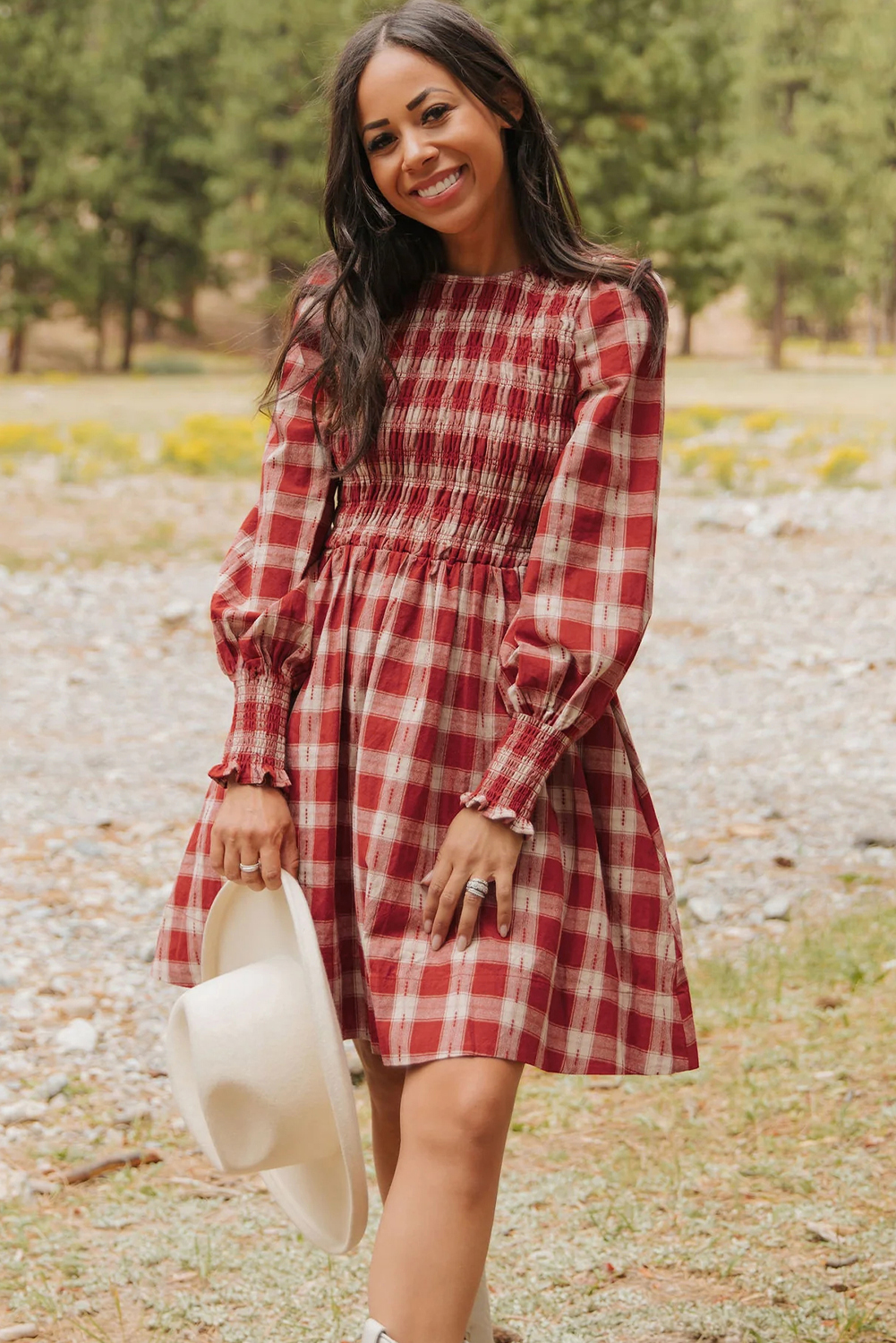 Red Plaid Print Smocked Puff Sleeve Mini Dress - loveforevers