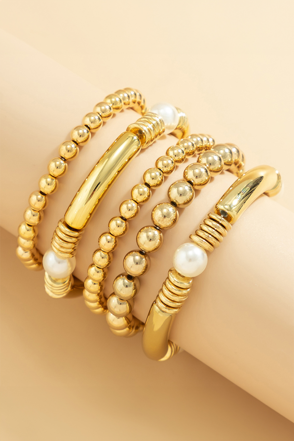 Gold 5pcs Pearl Plated Beaded Bracelet Set - loveforevers