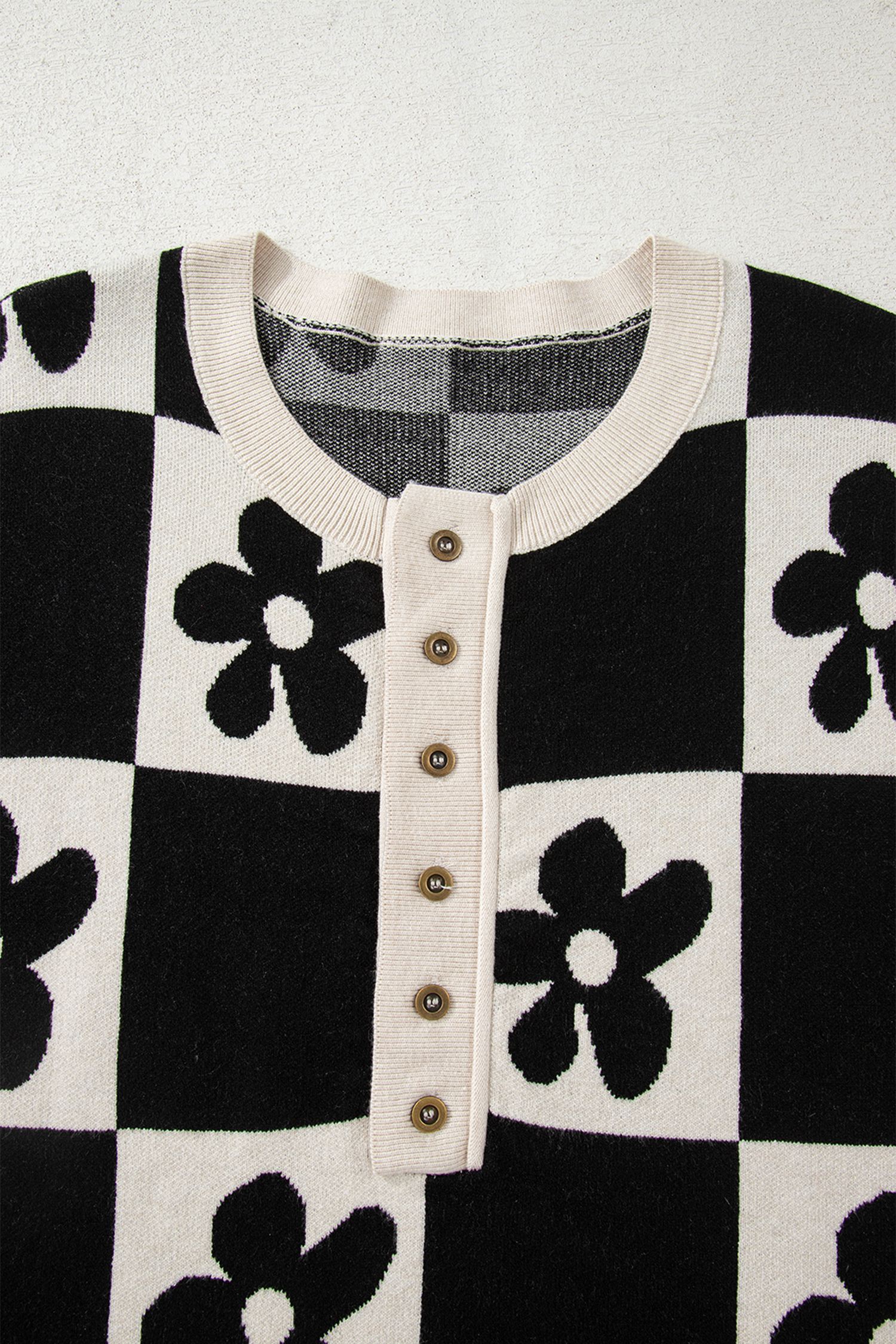 Black Flower Plaid Henley Baggy Sweater - loveforevers