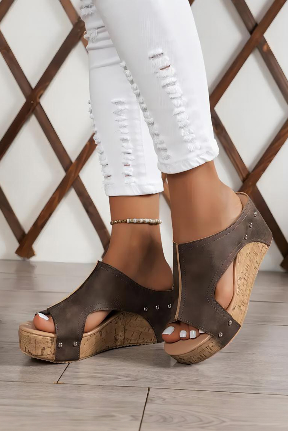 Chestnut Hollow Out Studded PU Leather Wedge Slippers - loveforevers