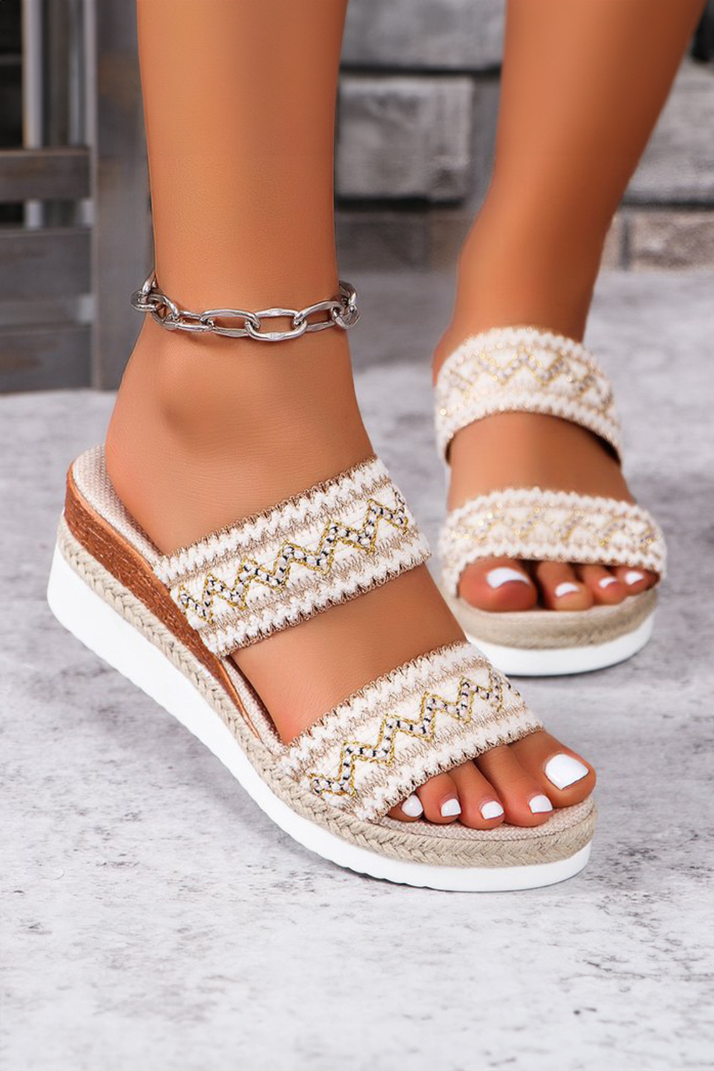 Beige Crochet Dual Band Wedge Slippers - loveforevers