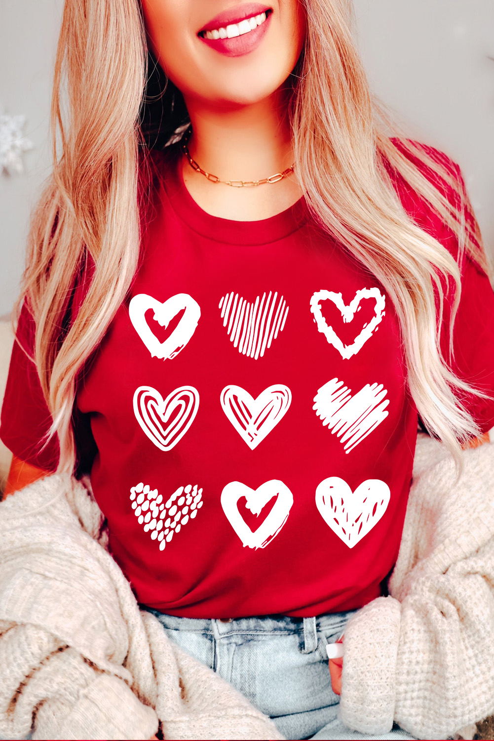 Red Diverse Heart Printed Crewneck Valentines Tee - loveforevers