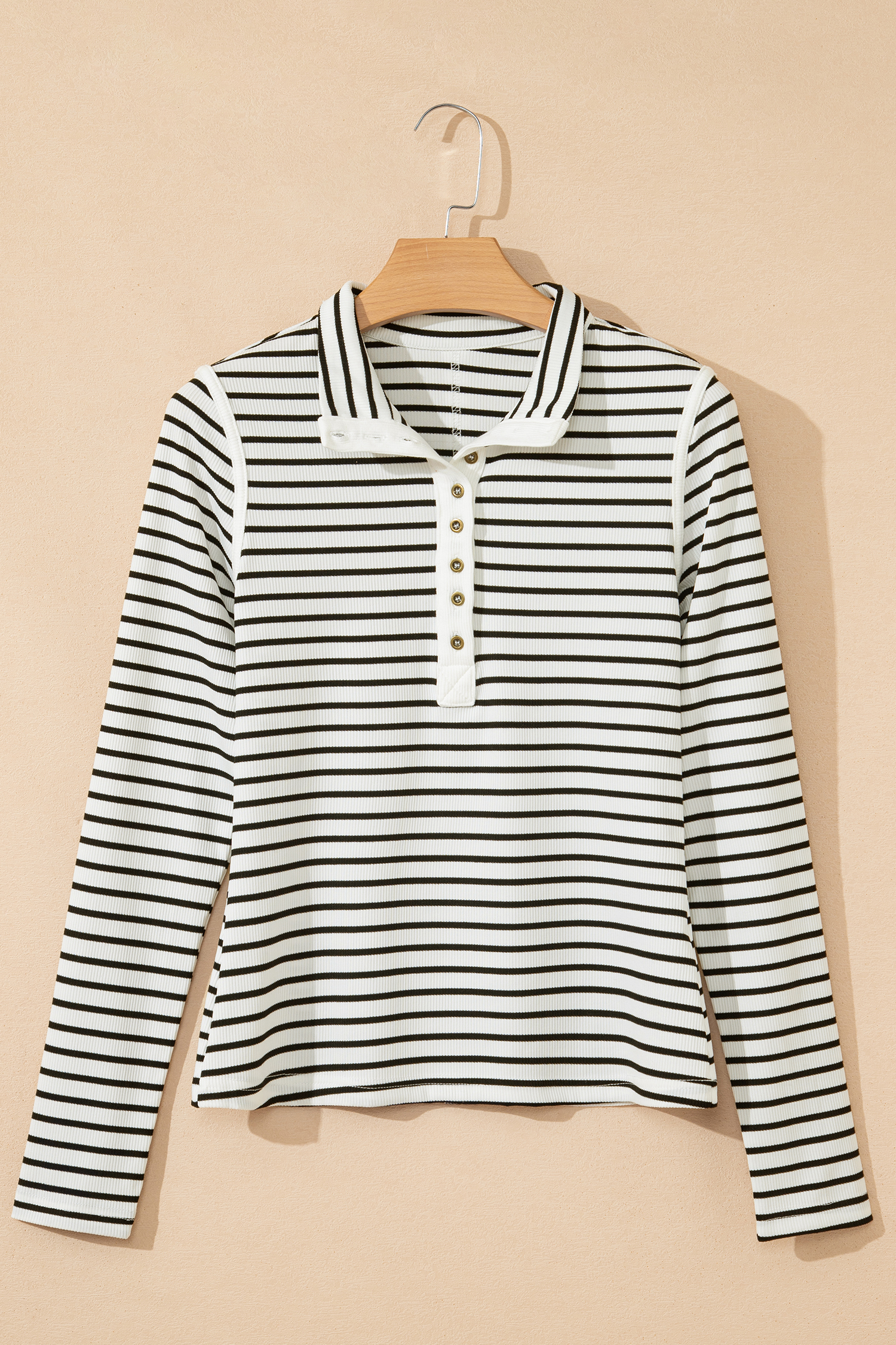Black Stripe Ribbed Knit Half Button Long Sleeve Slim Top - loveforevers
