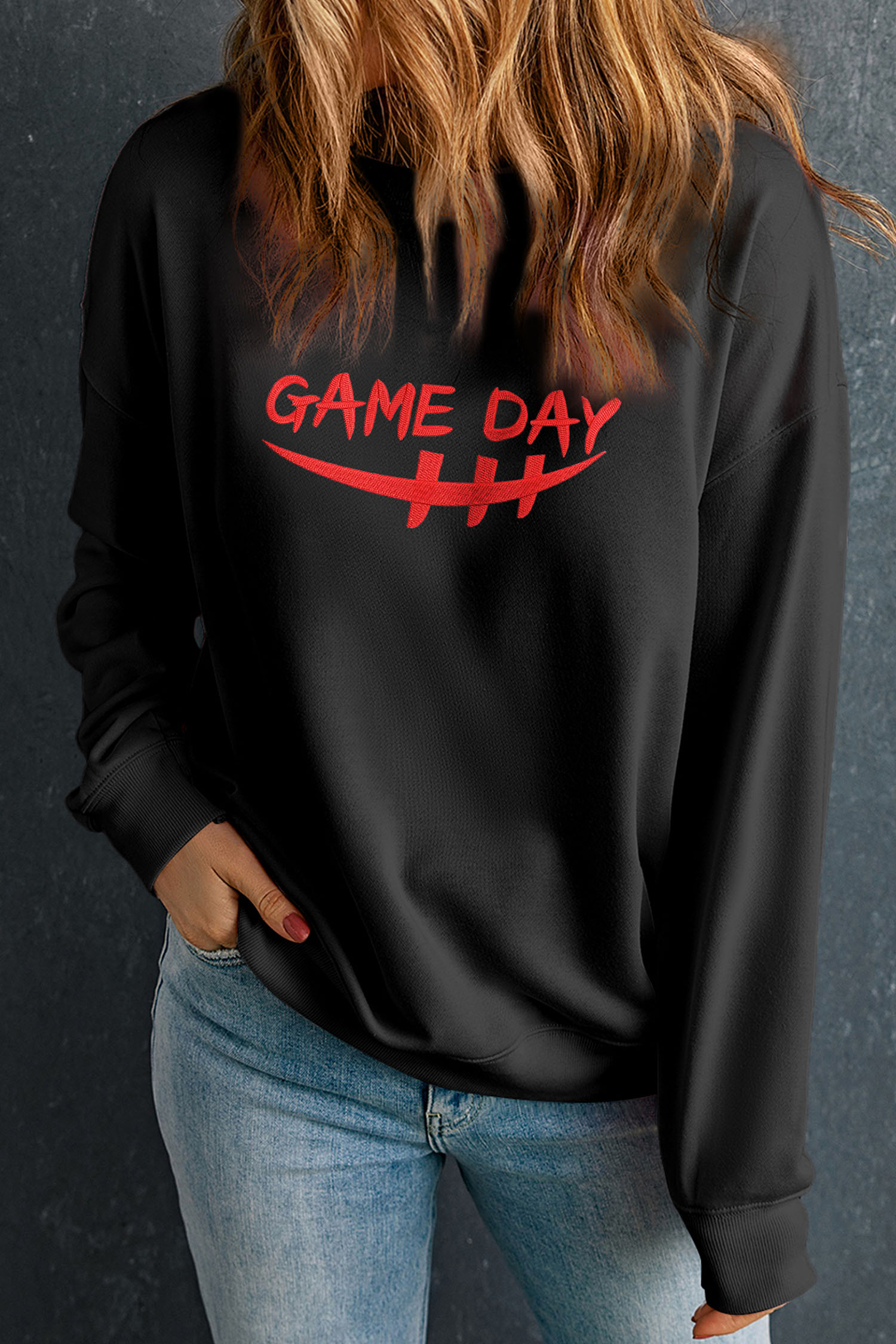 Black GAME DAY Embroidered Graphic Casual Pullover Sweatshirt - loveforevers