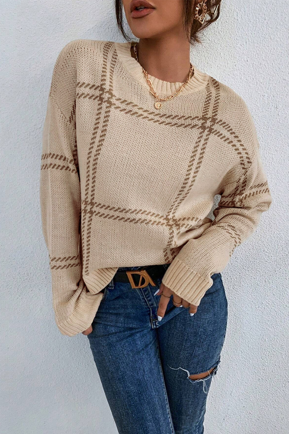 Khaki Plaid Pattern Knitted Drop Shoulder Sweater - loveforevers