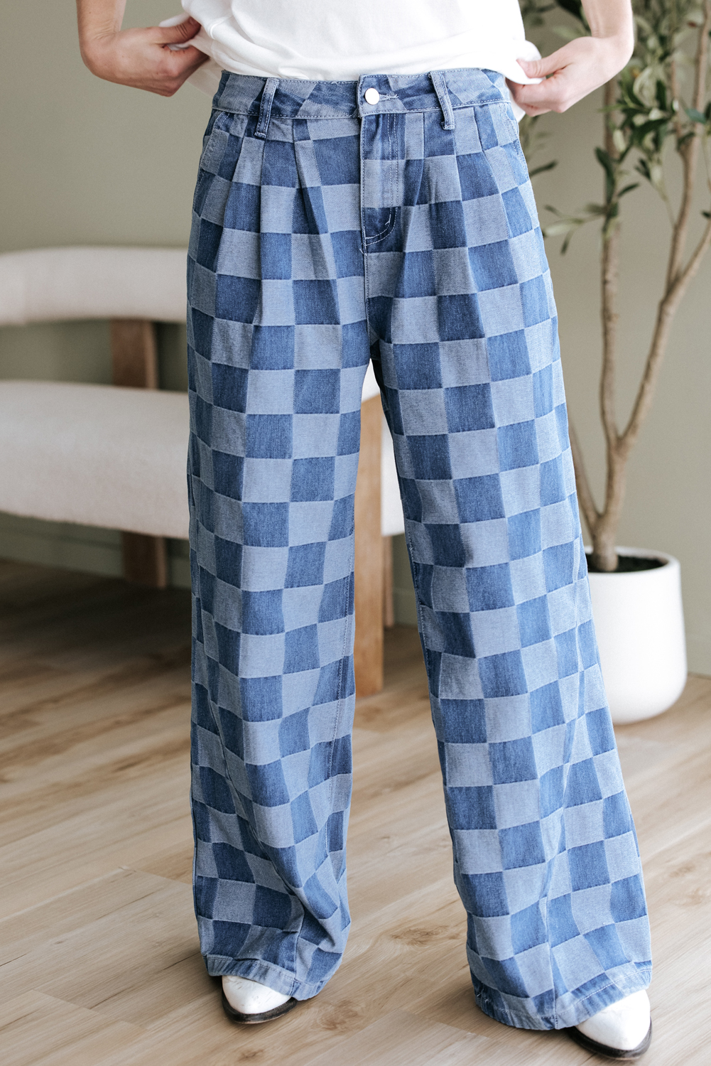 Dark Grey Checkered Denim Wide Leg Jeans - loveforevers