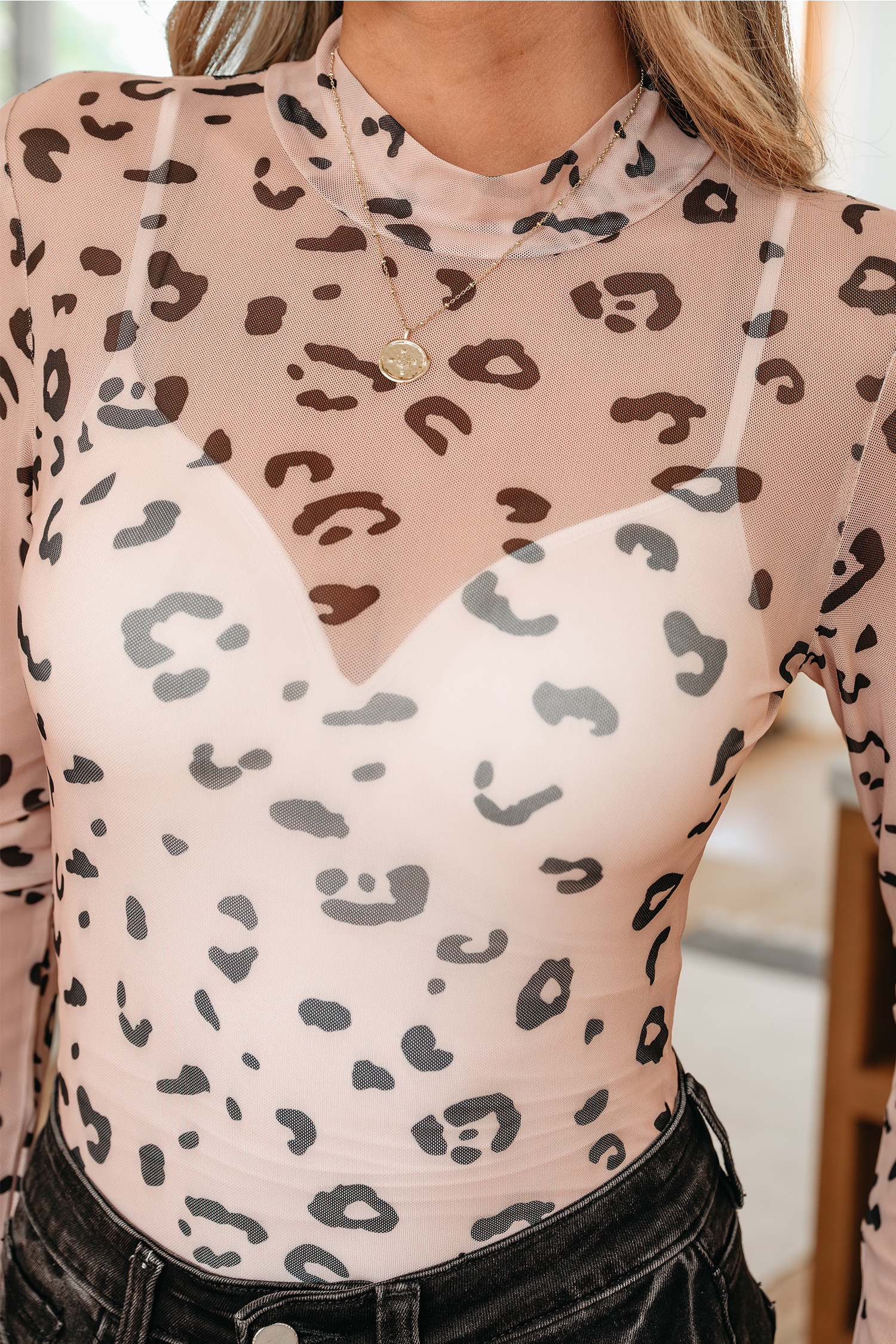 Khaki Mock Neck Sheer Mesh Leopard Long Sleeve Bodysuit - loveforevers