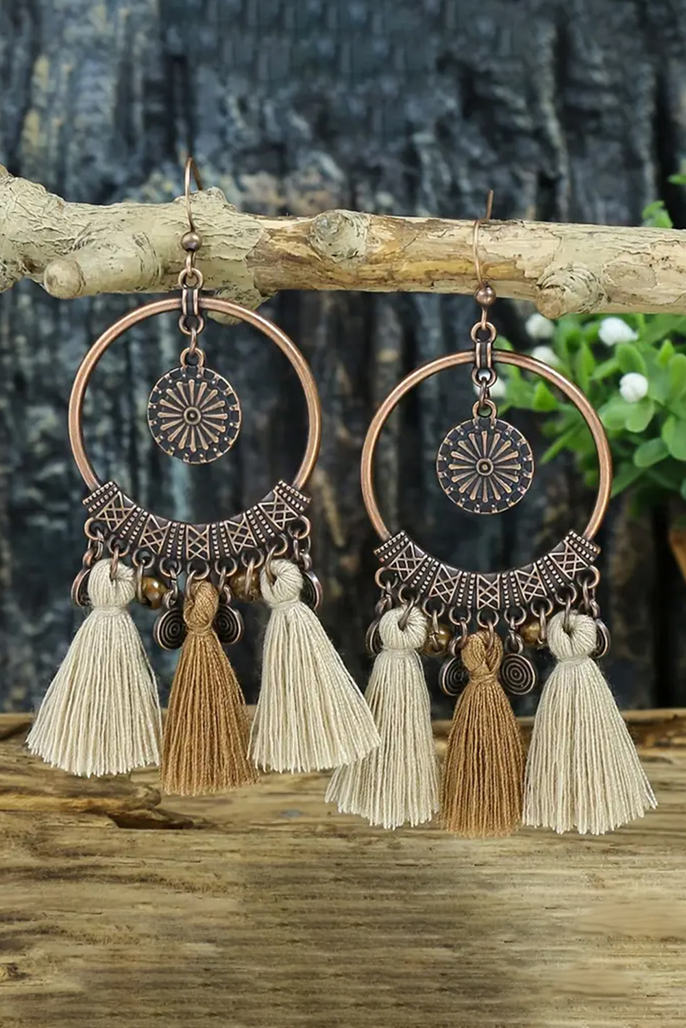 Beige Boho Round Tasseled Dangle Earrings - loveforevers