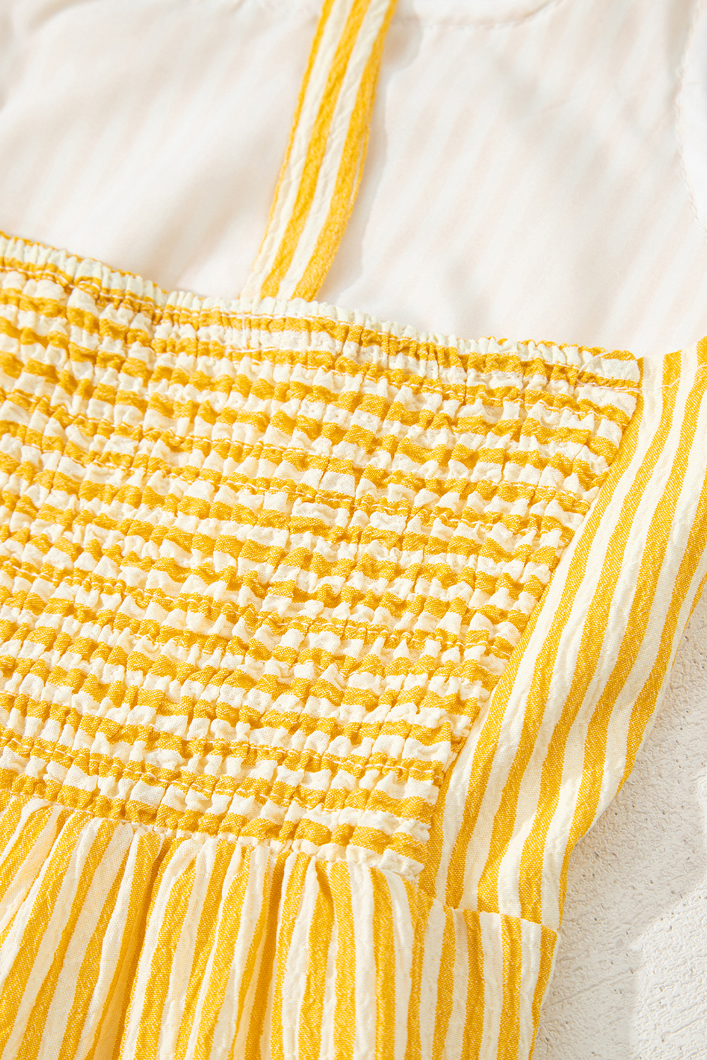 Yellow Stripe Shoulder Tie Smocked Back Wide Leg Casual Romper - loveforevers