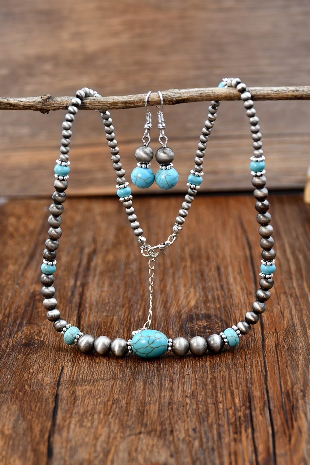 Silvery Western Turquoise Beaded Necklace and Earring Set - loveforevers