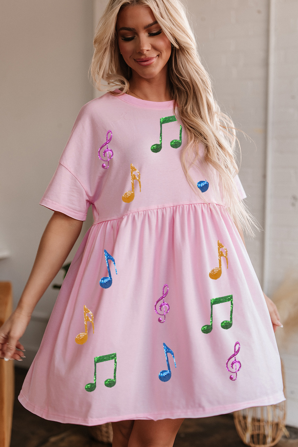 Light Pink Sequined Note Pattern Raw Edge Music Festival Babydoll T-shirt Dress - loveforevers