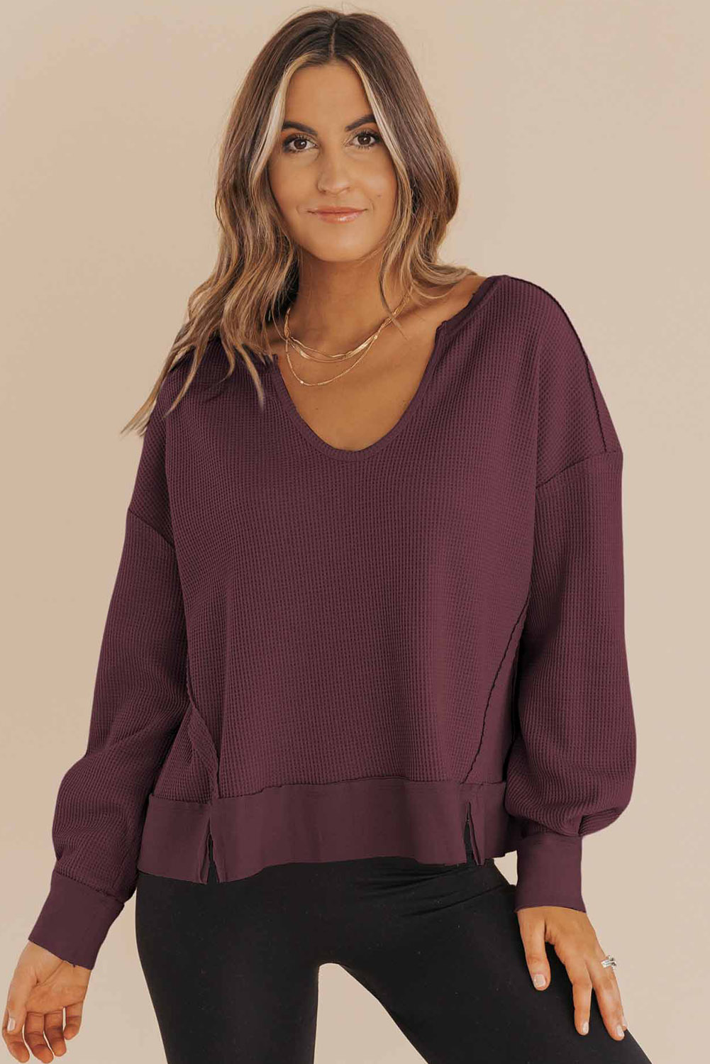 Dark Brown Waffle Knit Notched V Neck Drop Shoulder Solid Sweatshirt - loveforevers