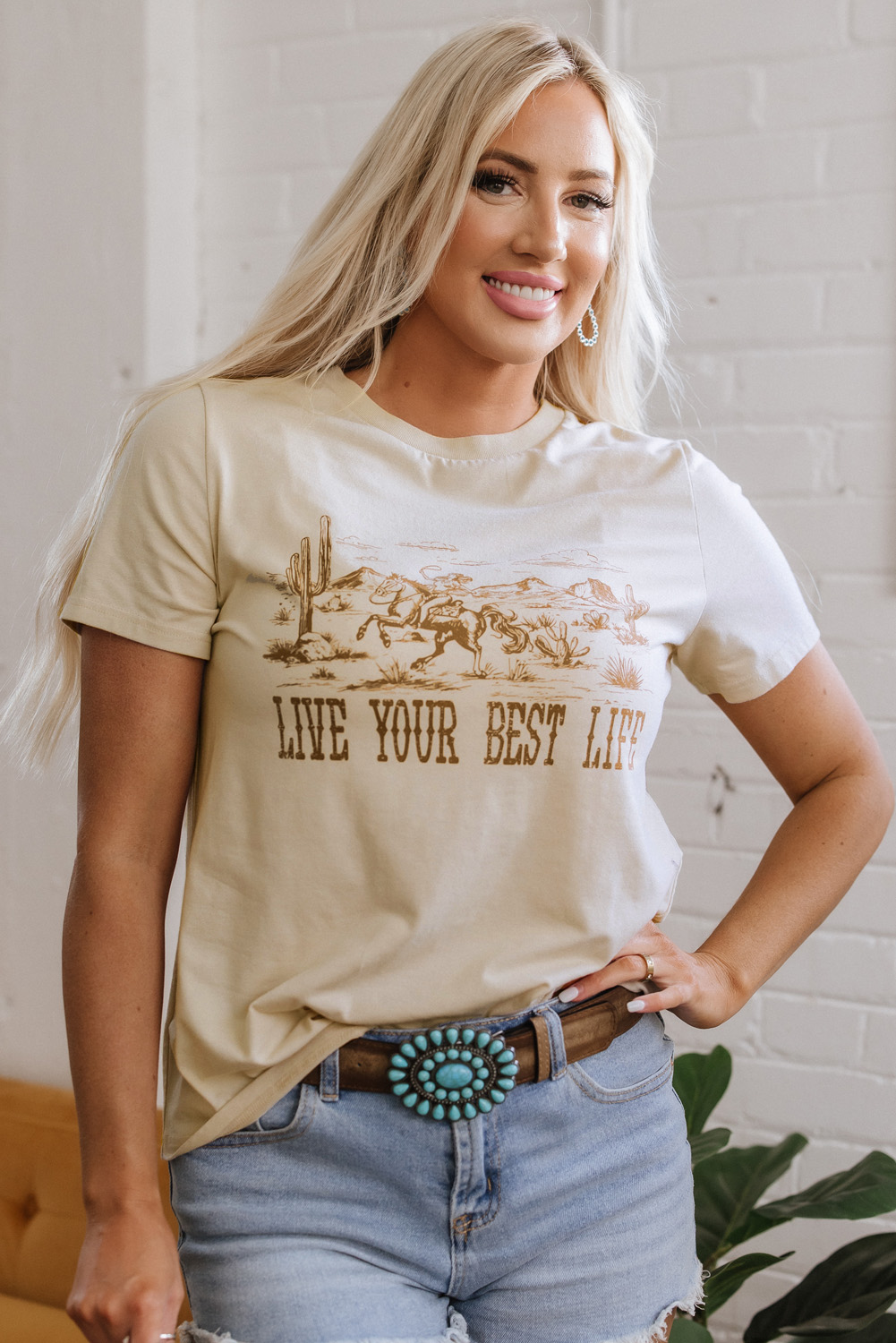 Beige LIVE YOUR BEST LIFE Crew Neck Western Graphic Tee - loveforevers