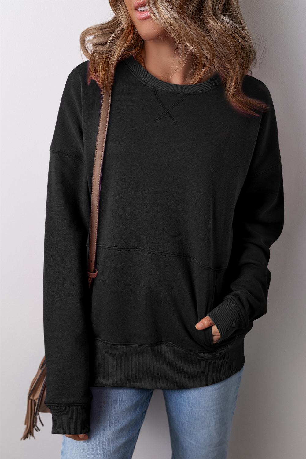 Black Drop Shoulder Crisscross Stitching Pocketed Loose Sweatshirt - loveforevers