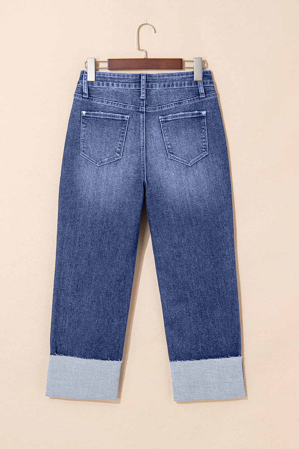 Real Teal Folded Cuffs Distressed Straight High Waist Jeans - loveforevers