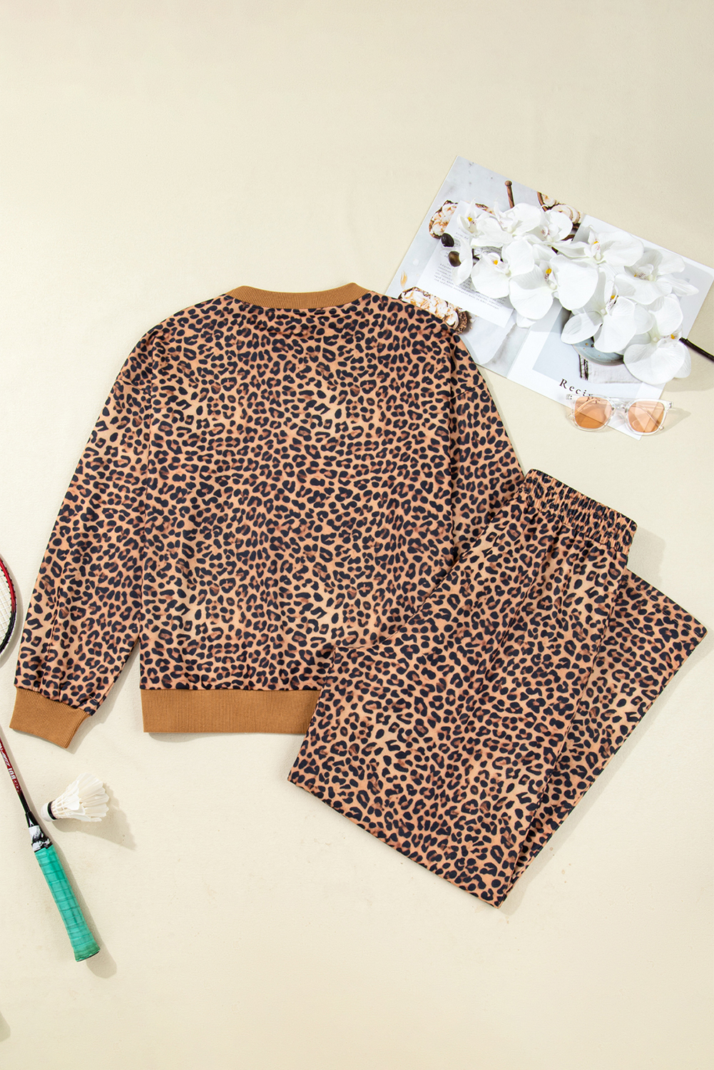 Khaki Leopard Pullover and Pants 2pcs Outfit with Bow Embroidery - loveforevers