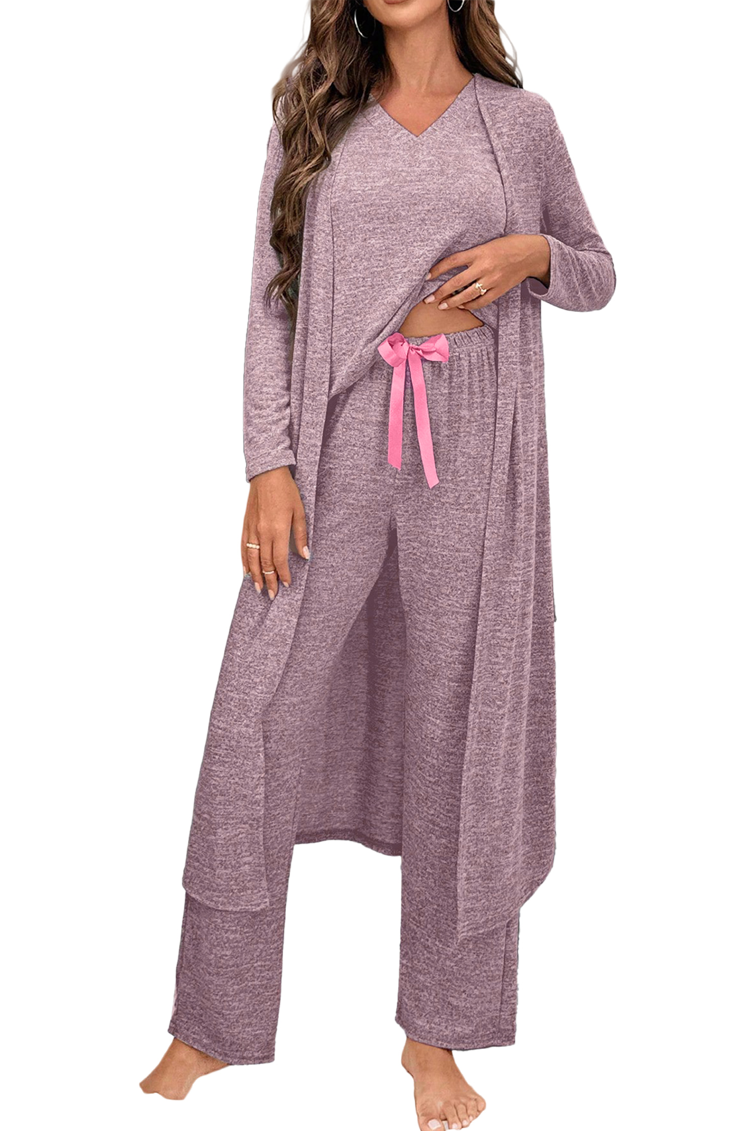 Delicacy 3pcs V Neck T Shirt Ribbon Knot Pants Open Duster 3pcs Lounge Set - loveforevers