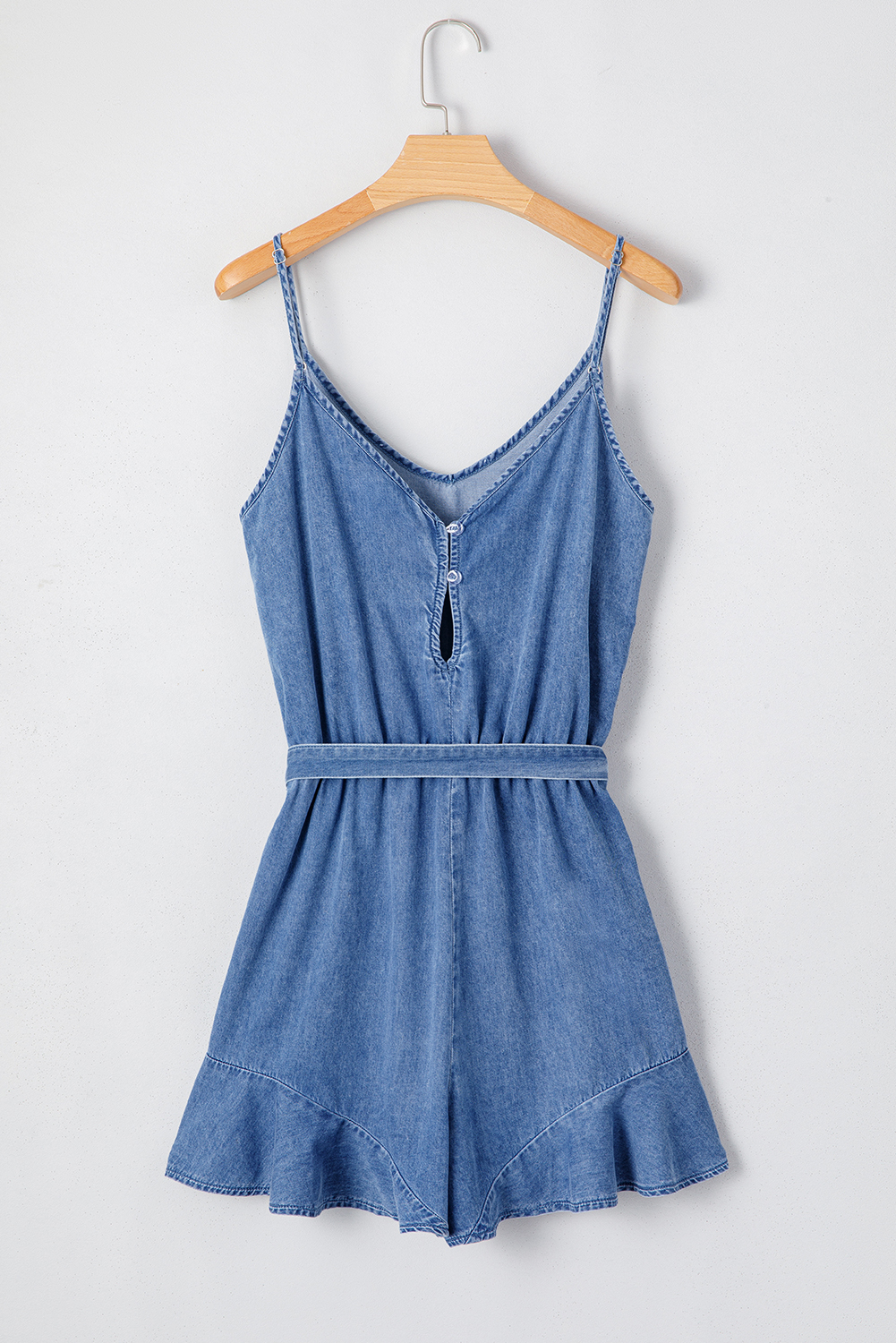 Ashleigh Blue Spaghetti Straps V Neck Belted Ruffled Leg Chambray Romper - loveforevers