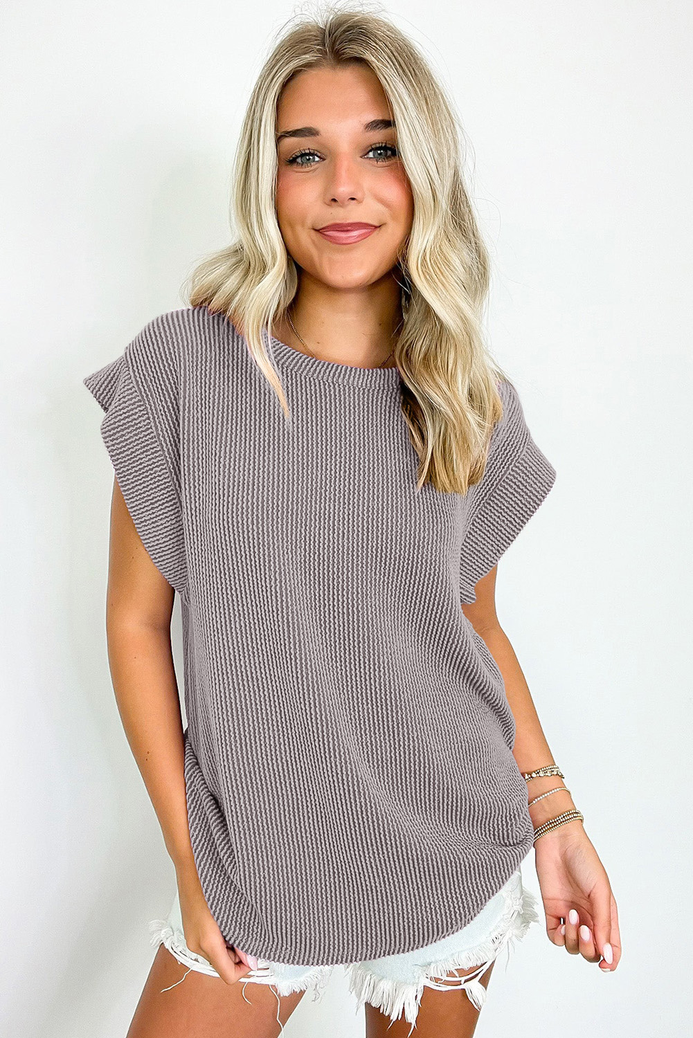 Gray Twisted Rib Wide Sleeve Crew Neck T Shirt - loveforevers